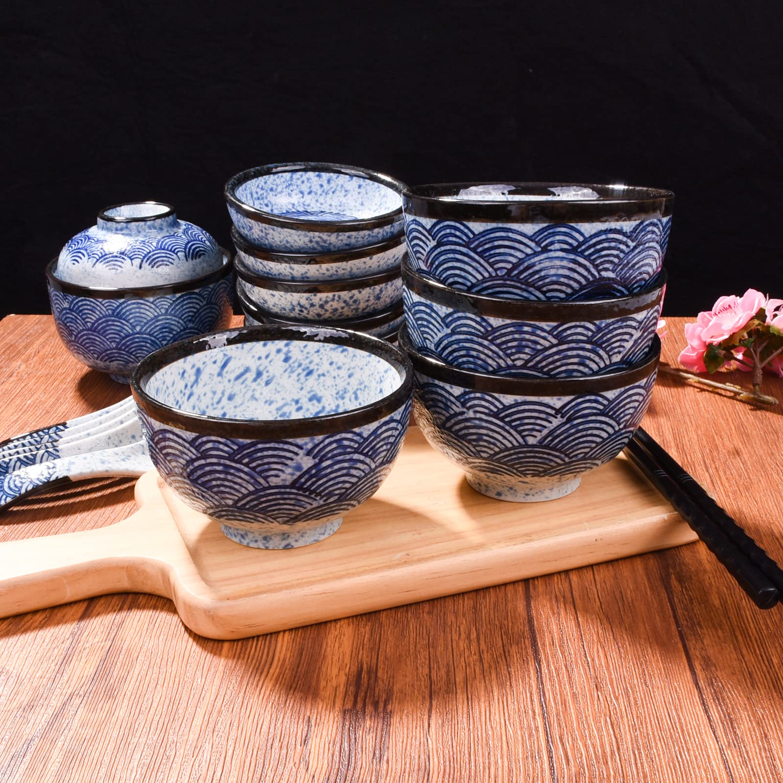 Japanese Rice Bowl Set of 4 - 10.2oz Asian Ceramic Sushi Bowls in Blue - Perfect for Rice, Snacks, Desserts & Sauces - Ideal for Sushi, Ramen, Poke Bowls and Home Dining