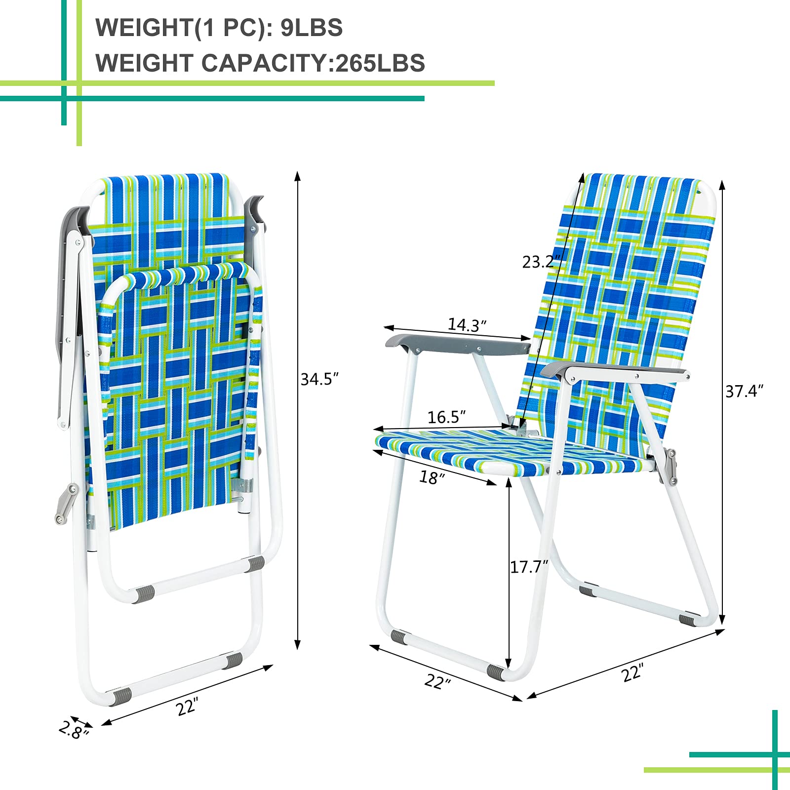 HomVent Heavy Duty Beach Lawn Chairs - 2-Piece Set with Gray Arms & 260 lb Capacity - Outdoor Camping Chairs for Garden, Pool, Park & Beach - Perfect for Picnics, BBQs and Relaxing (Blue)