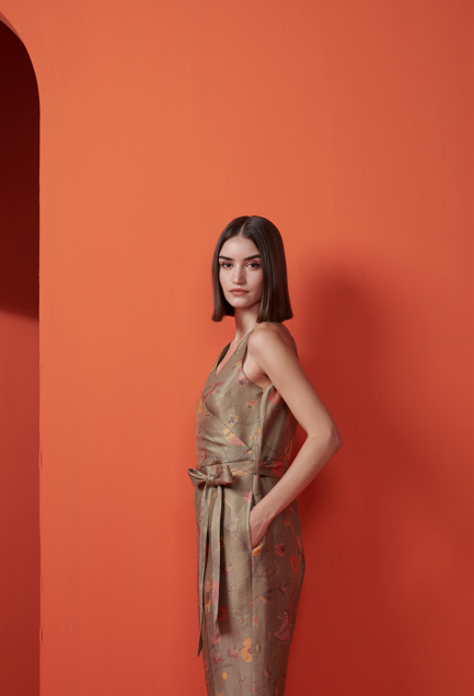 Elegant Olive Silk Brocade Overlap Jumpsuit for Women - Perfect for Evening Parties, Weddings & Special Occasions