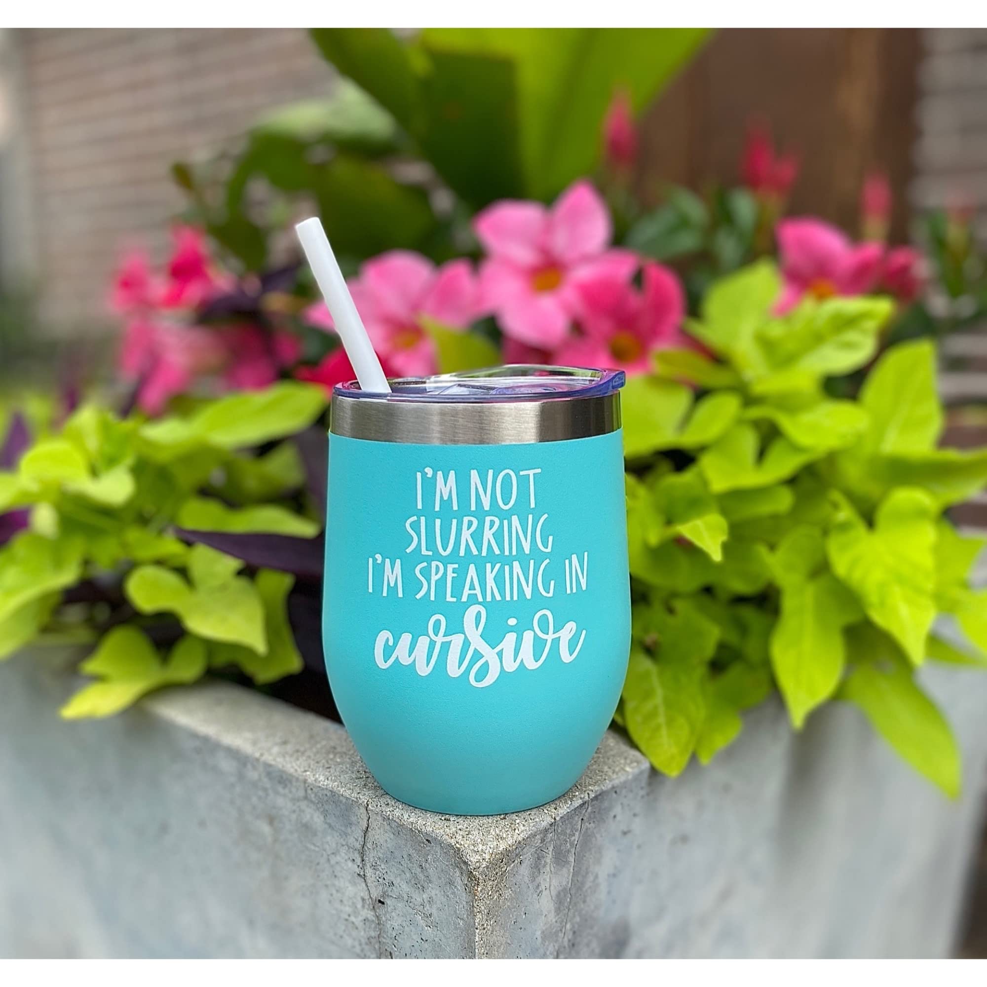 I’m Speaking In Cursive 12 oz Wine Tumbler - Funny Best Friend & Coworker Gift, Birthday Present, Mint Wine Glass for Parties, Office, and Relaxing Evenings