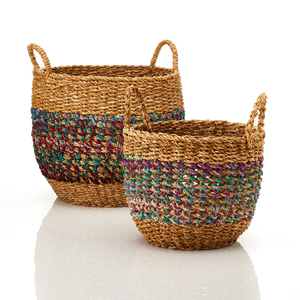 Stylish Sari Striped Holga Basket - Handwoven Boho Storage for Home Decor, Picnics & Beach Outings