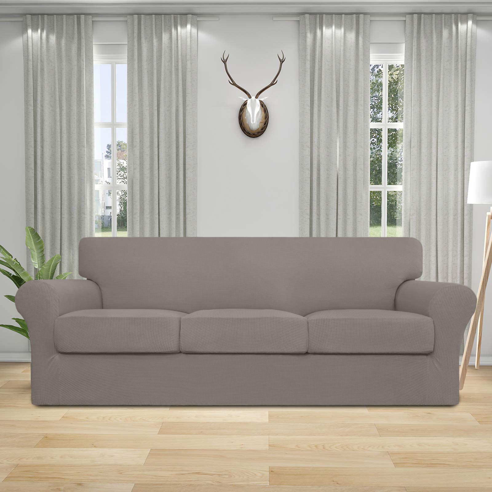 4-Piece Stretch Sofa Cover for Dogs & Pets - Washable Spandex Jacquard Slipcover Fits 3-Cushion Couches - Elastic Furniture Protector for Pets & Kids (Taupe) - Perfect for Pet Owners & Family Homes with Active Kids