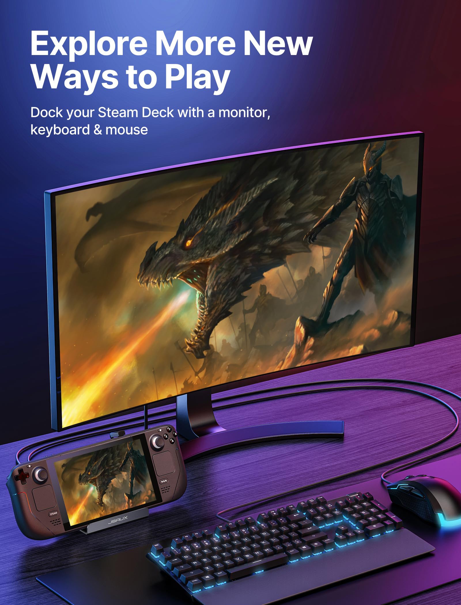 JSAUX 5-in-1 Docking Station for Steam Deck/ROG Ally/Legion Go - HDMI 2.0 4K@60Hz, 100Mbps Ethernet, 2x USB-A 2.0 & USB-C Ports - Perfect for Gaming, Streaming & Office Work