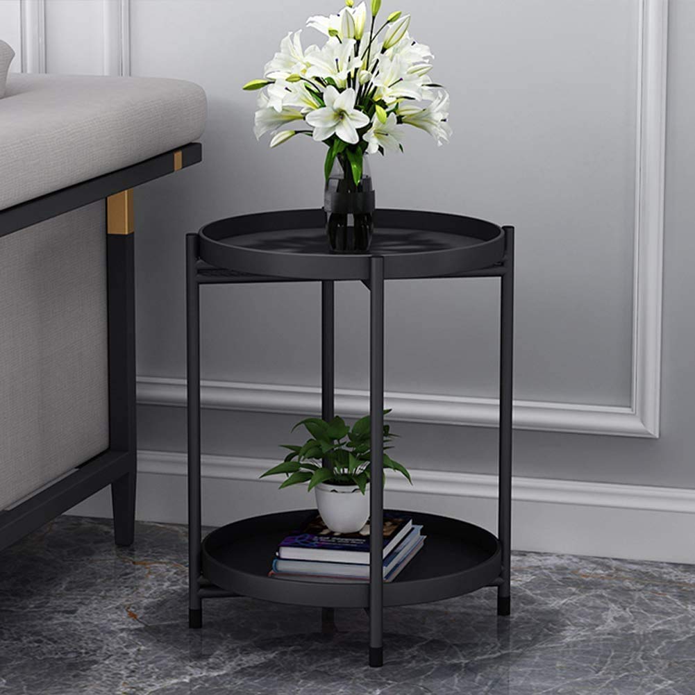 2-Tier Metal Round Tray Side Table - Small Folding Accent Coffee Table with Anti-Rust & Waterproof Finish - Perfect for Living Room, Bedroom, Balcony & Office - Black