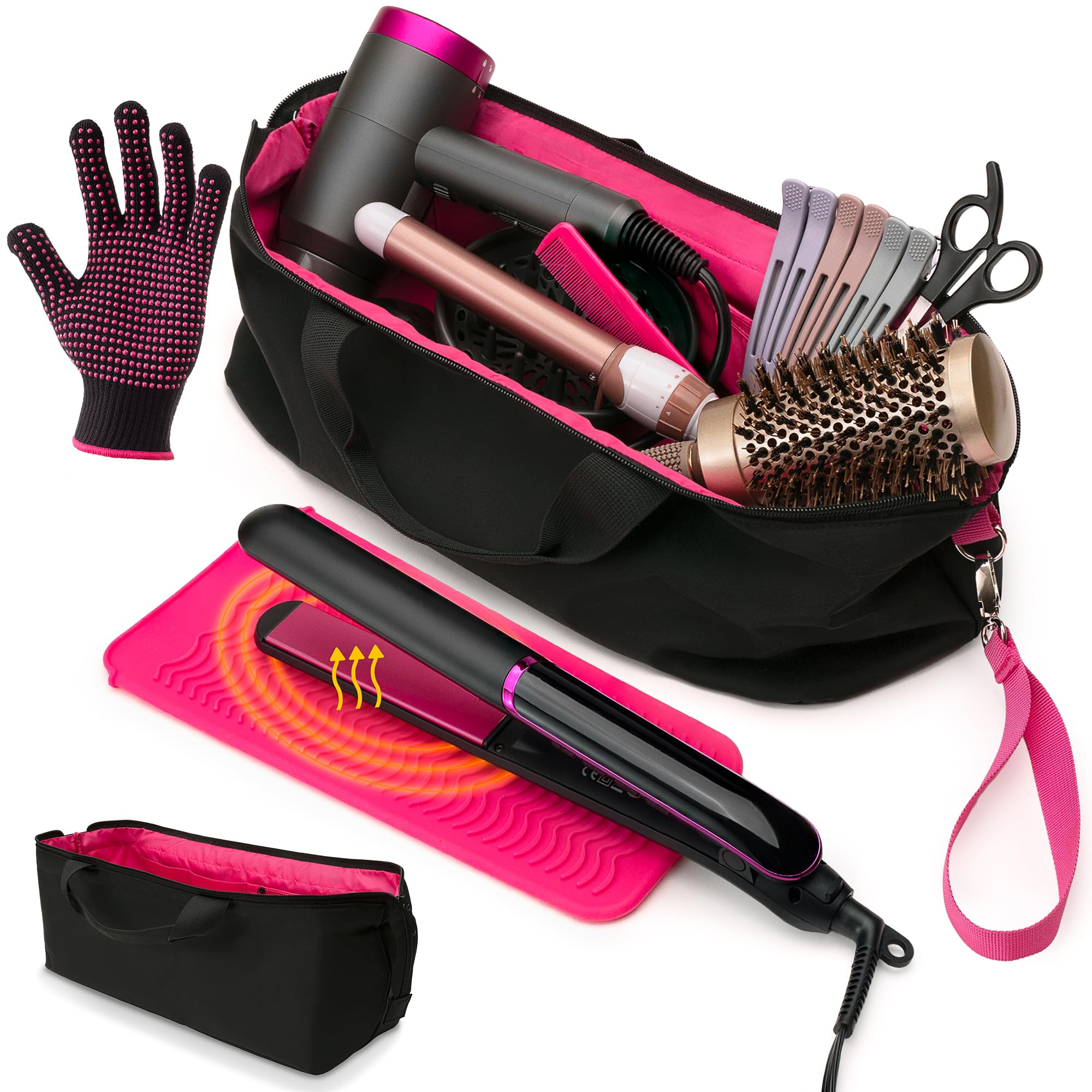 Heat Resistant Travel Bag for Flat Iron, Hair Straightener & Curling Iron - Portable Hot Tools Organizer with Silicone Mat & Glove - Perfect for Travel, Salon Visits & Home Storage