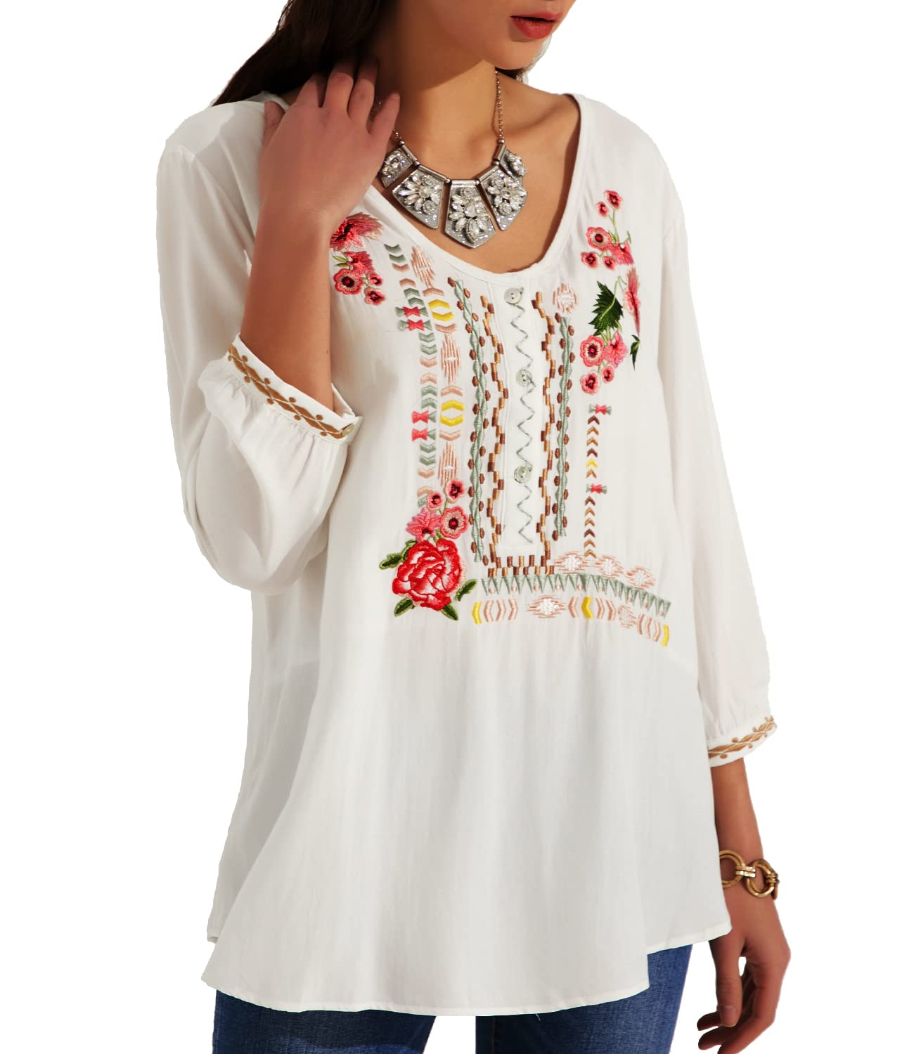 Higustar Mexican Embroidered Tops for Women | Bohemian Hippie Tunic Shirts | Plus Size Boho Peasant Blouses | Perfect for Fiesta, Beach & Festival Outfits
