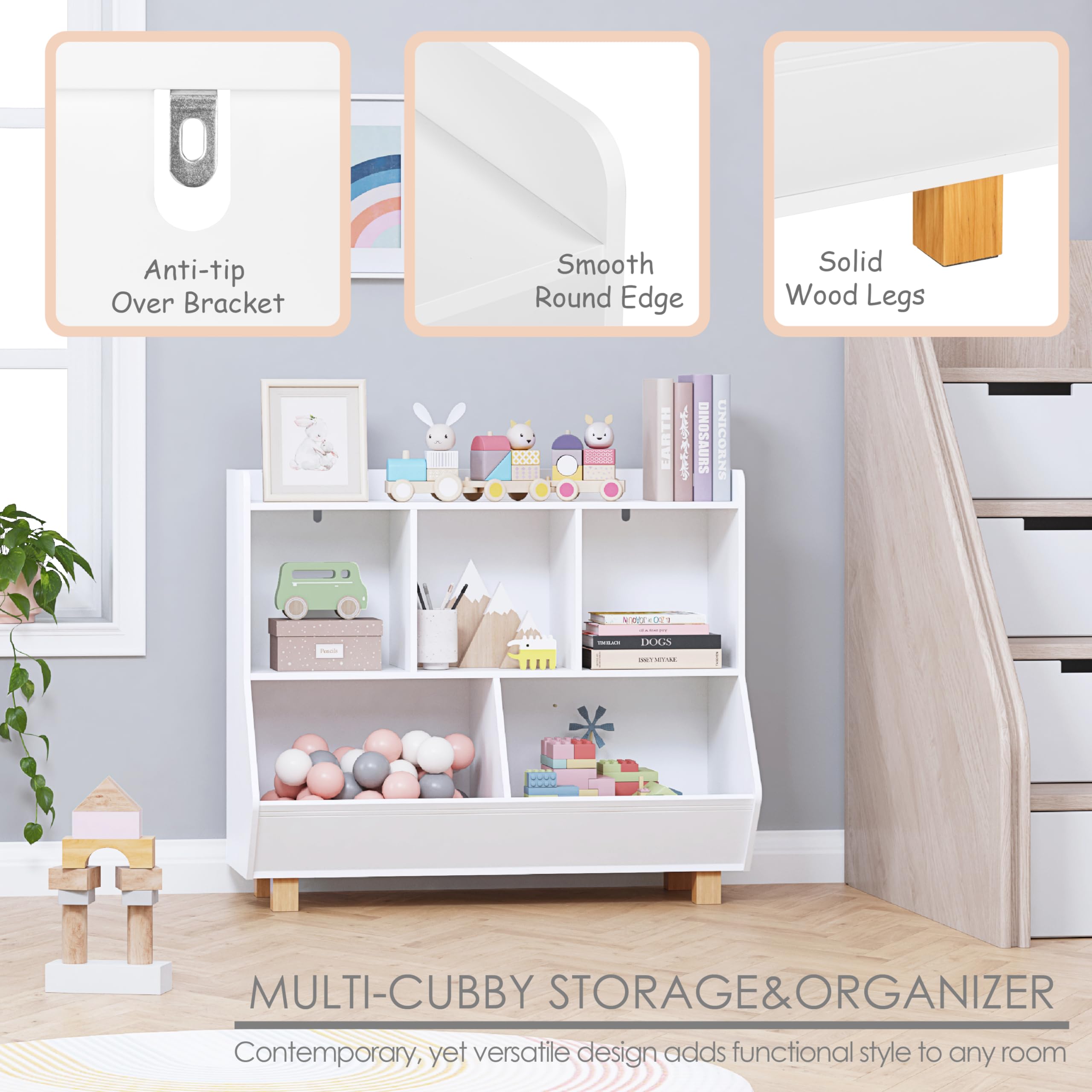 UTEX 5-Cube Kids Toy Storage Organizer & Bookshelf with Legs - White Multifunctional Nursery Organizer for Toys, Books in Bedroom, Living Room, Playroom