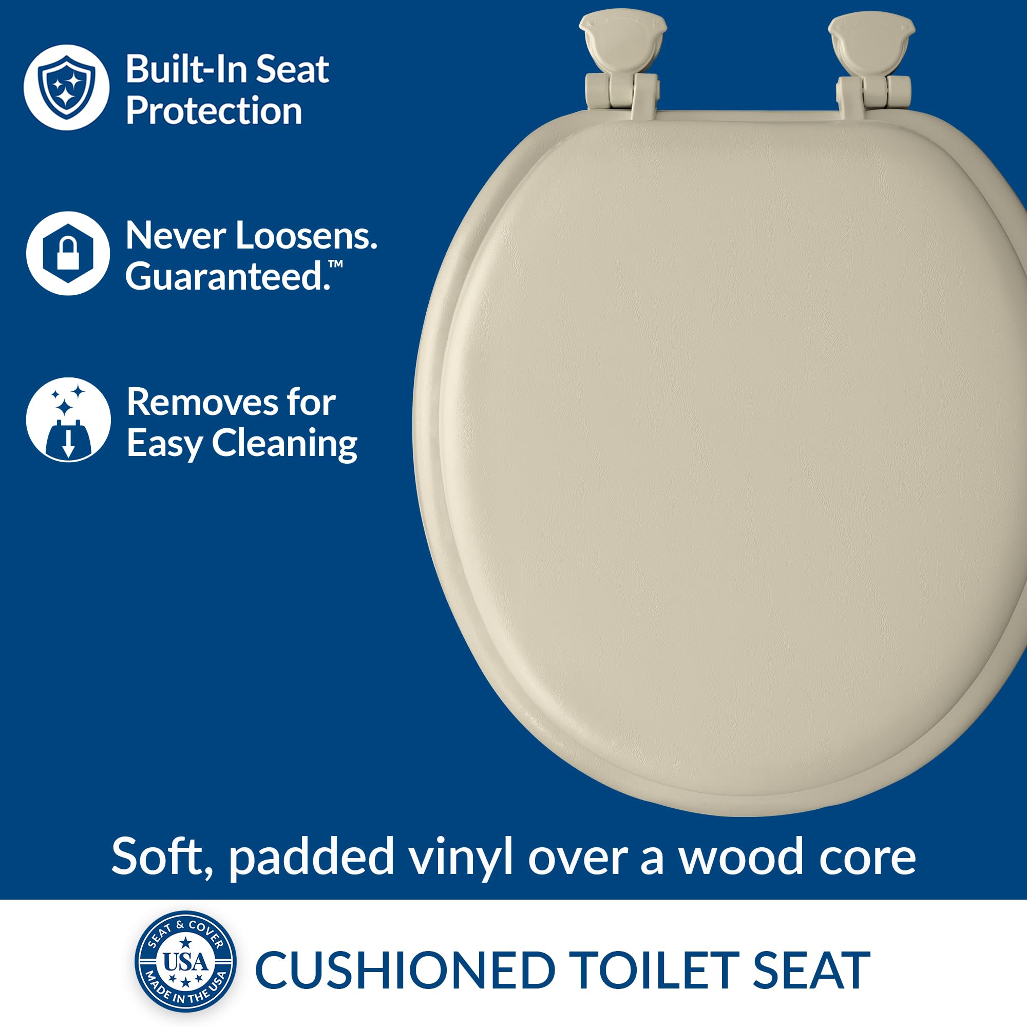 Mayfair Padded Toilet Seat - Soft Vinyl Cushioned Wood Core Toilet Seat with Secure Hinges, Easy to Clean Round Bone White - Perfect for Elderly, Disabled & Comfort Seekers at Home or Healthcare Facilities