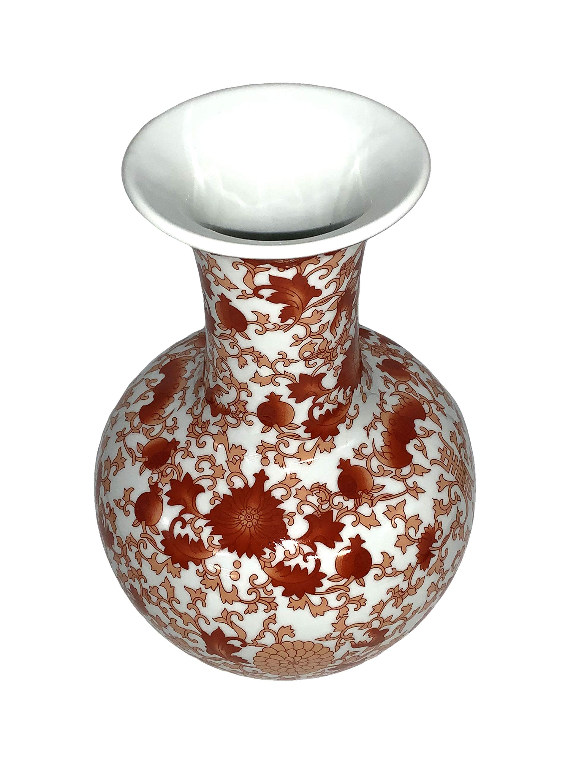 Chinese Red Coral Pattern Porcelain Ball Vase - Oriental Home Decor, Antique Style Decorative Vase for Living Room, Dining Table, Office & Wedding Centerpiece
