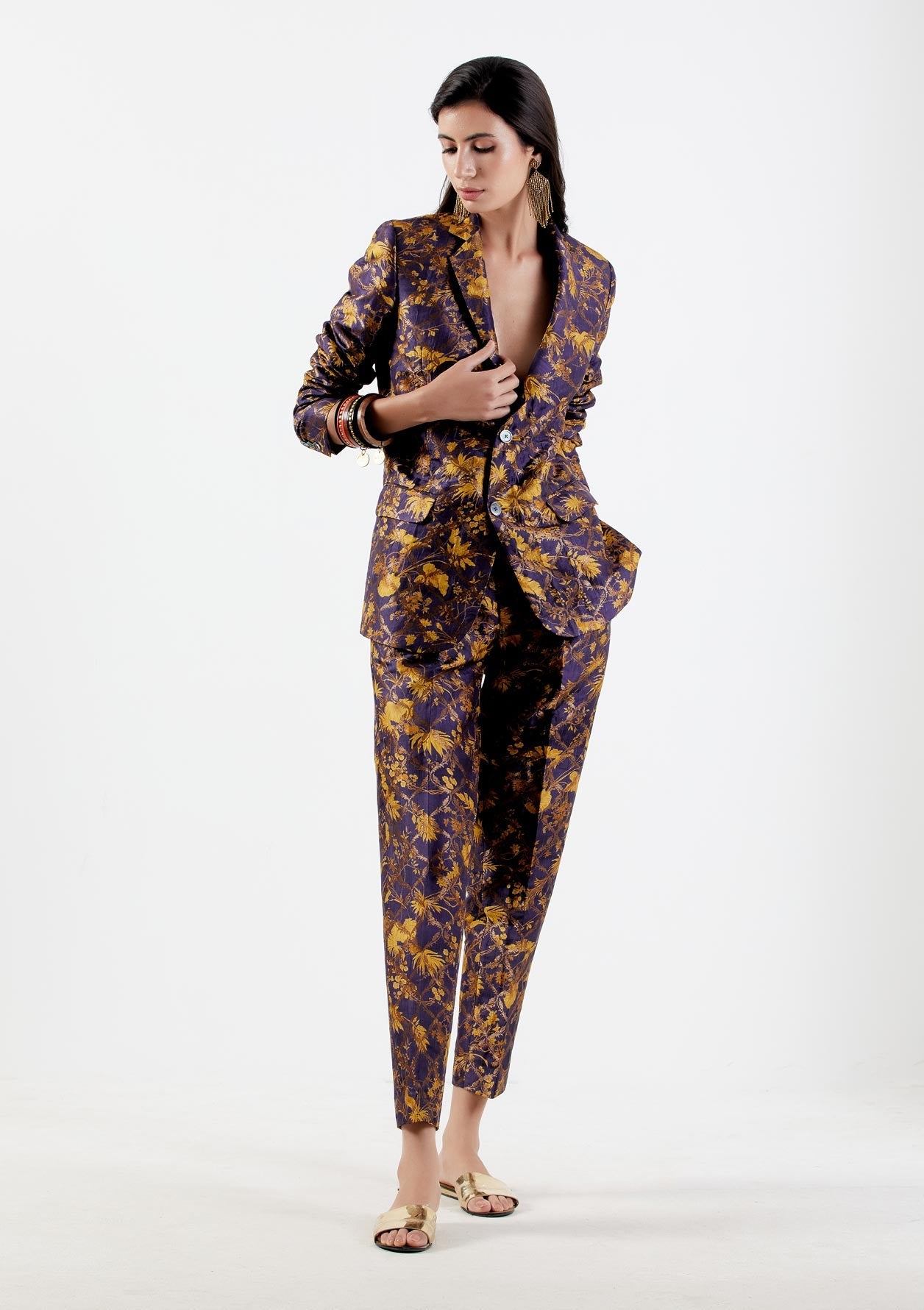 Classic Silk Brocade Gold Pants for Women - Elegant Formal Trousers for Office, Party & Special Occasions