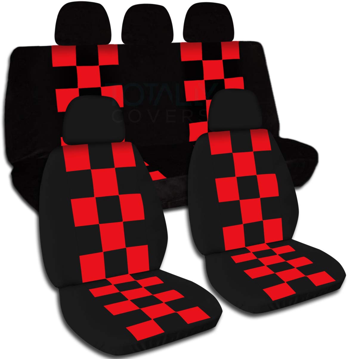 Black & Red Checkered Car Seat Covers Full Set - Semi-Custom Fit for Any Car, Truck, Van, RV or SUV - Includes 5 Headrest Covers (2 Front + 3 Rear) - 21 Color Options - Perfect for Road Trips, Daily Commute & Vehicle Protection