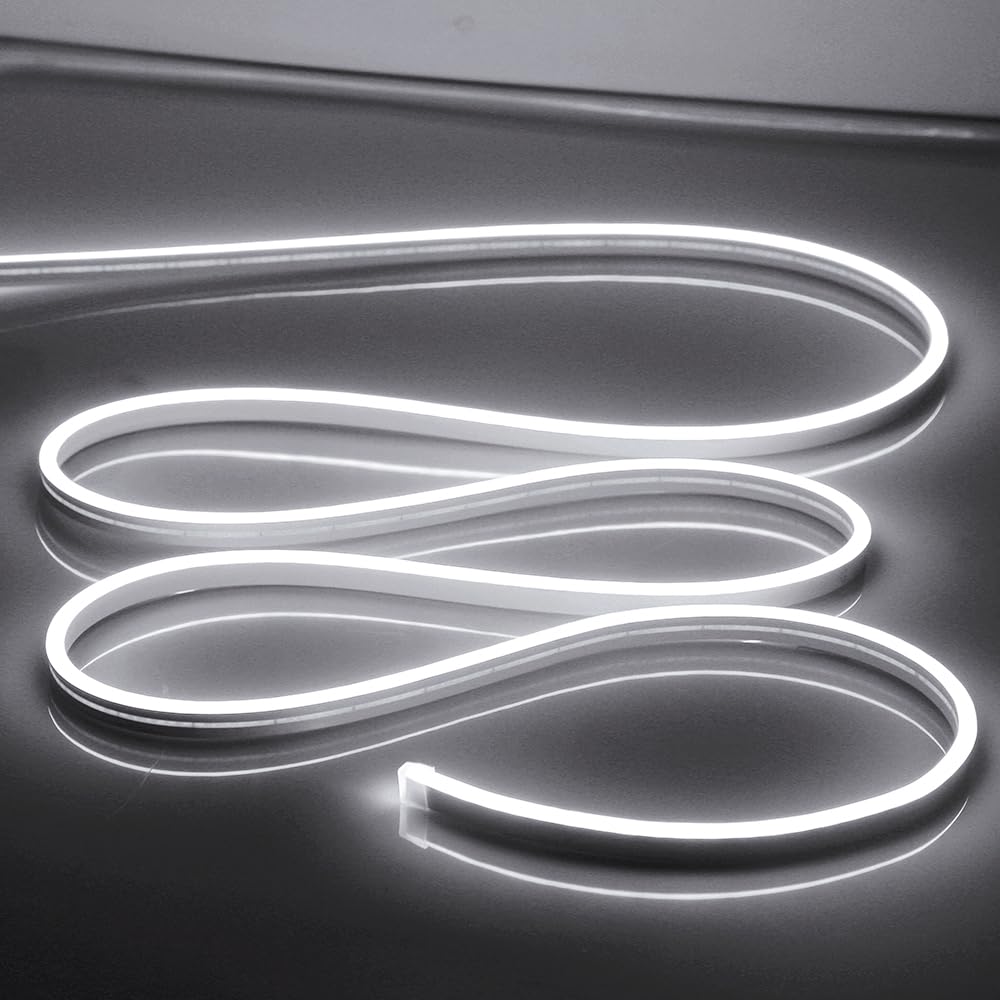 16.4FT Waterproof LED Neon Light Strip - 12V DC Flexible White Neon Rope Lights (5M) for Indoor & Outdoor Decor, Bedroom, Party, Bar, Wedding, Holiday Lighting [No Power Adapter Included]