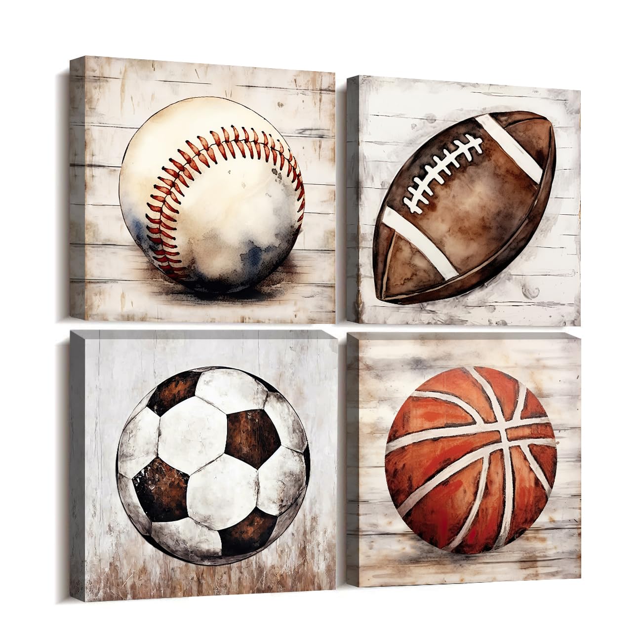 Boys Sports Wall Decor - 4 Panels Basketball Football Rugby Baseball Canvas Art for Kids Room & Game Room (12x12inch)