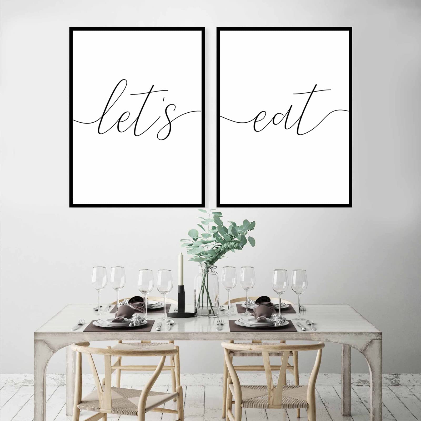 Modern Kitchen Wall Art - Let's Eat Sign Dining Room Decor Set of 2 (12x16 Inch) | Black Food-Themed Unframed Pictures for Kitchen & Dining Area | Perfect for Home, Restaurant or Cafe Decor