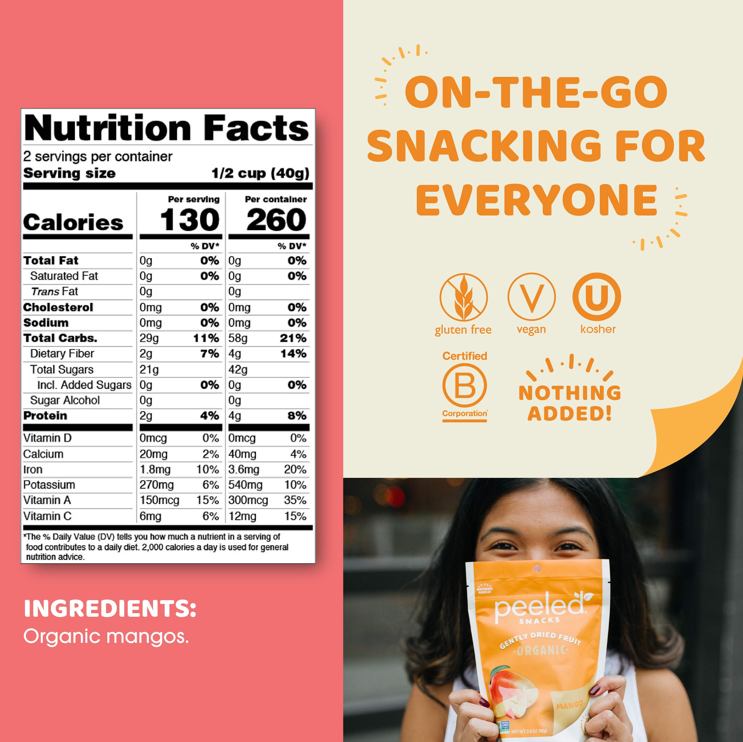 Organic Dried Mango Snacks | Vegan, Gluten-Free, Non-GMO | Healthy On-the-Go Snack for Work, School & Travel | 2.8 Oz (Pack of 4) | Peeled Snacks