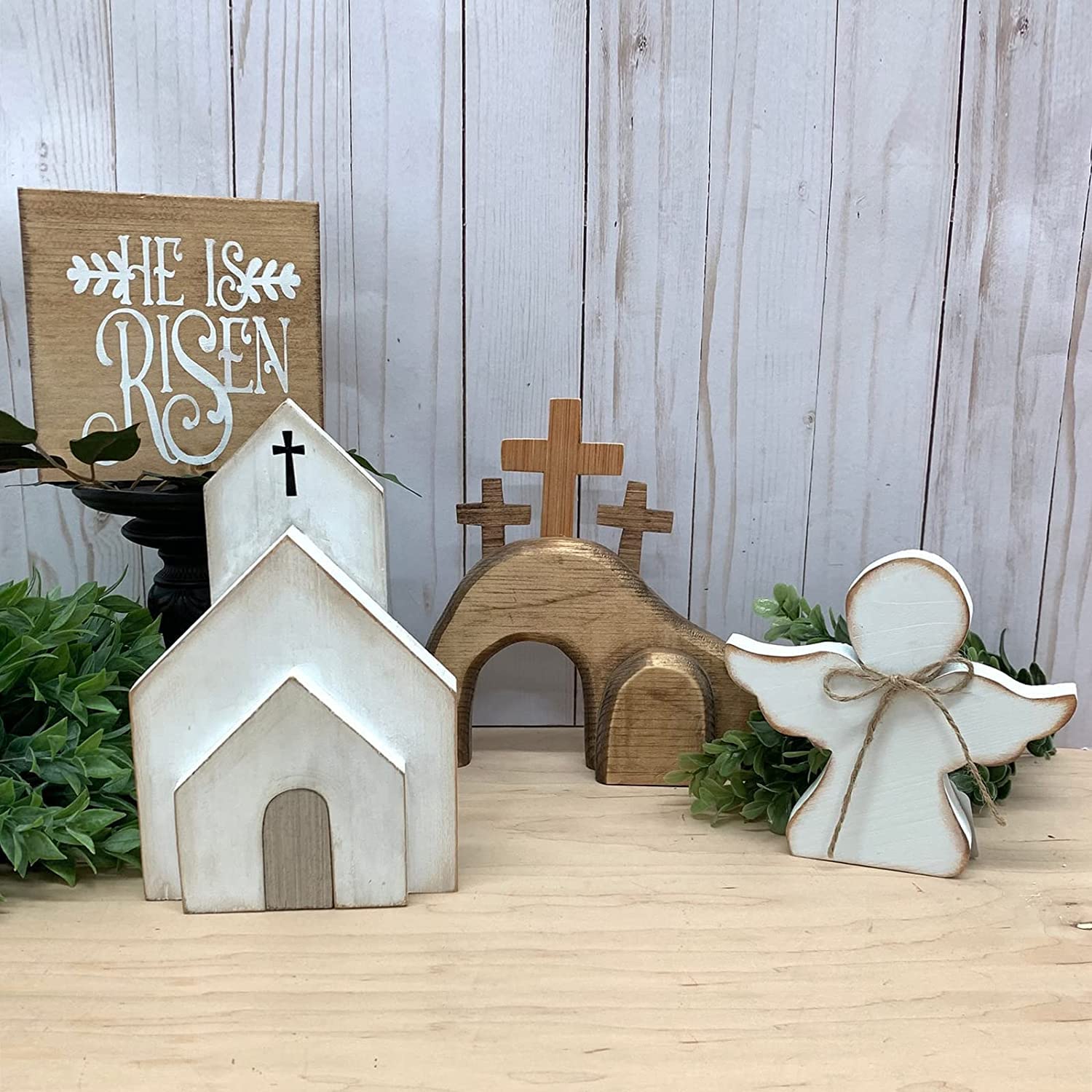 He is Risen Wooden Easter Tiered Tray Set - Jesus Resurrection Decor with Wood Sign, Christian Easter Home Decor for Tabletop, Mantel, and Holiday Display