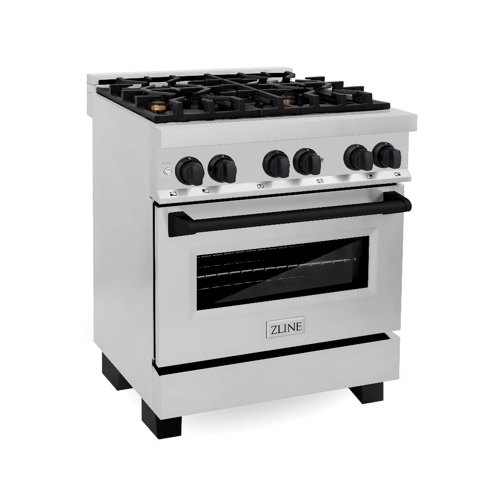 ZLINE Autograph Edition 30-inch Stainless Steel Kitchen Package - Dual Fuel Range, Range Hood, Dishwasher & Refrigerator with Matte Black Accents (4KAPR RARHDWM30 MB) | Premium Appliance Suite for Modern Kitchens & Home Renovations
