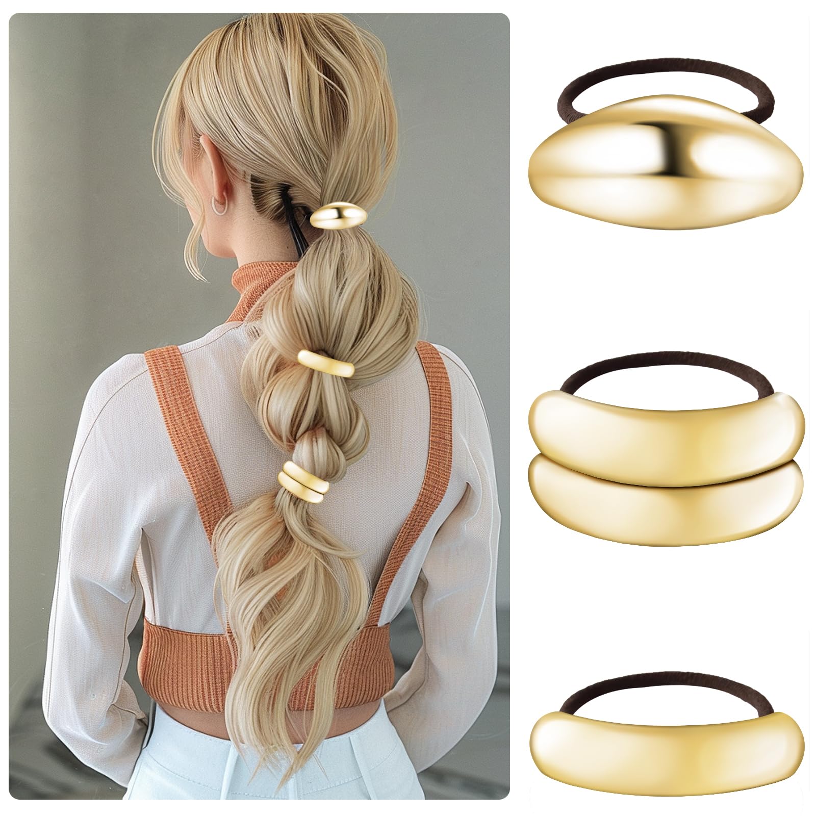 3PCS Gold Hair Cuffs for Women - Elegant Metal Ponytail Cuff Wrap, Geometric Hair Accessories for Thick Hair - Perfect for Parties, Weddings & Everyday Styling