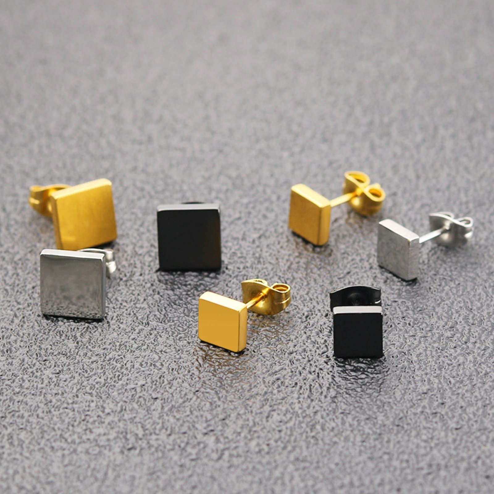 Premium Titanium Stud Earrings for Women & Men - 3 Pairs Set (Silver, Black, Gold) - 6mm & 8mm Square Polished Ear Studs - Hypoallergenic Jewelry for Daily Wear, Parties & Gifting