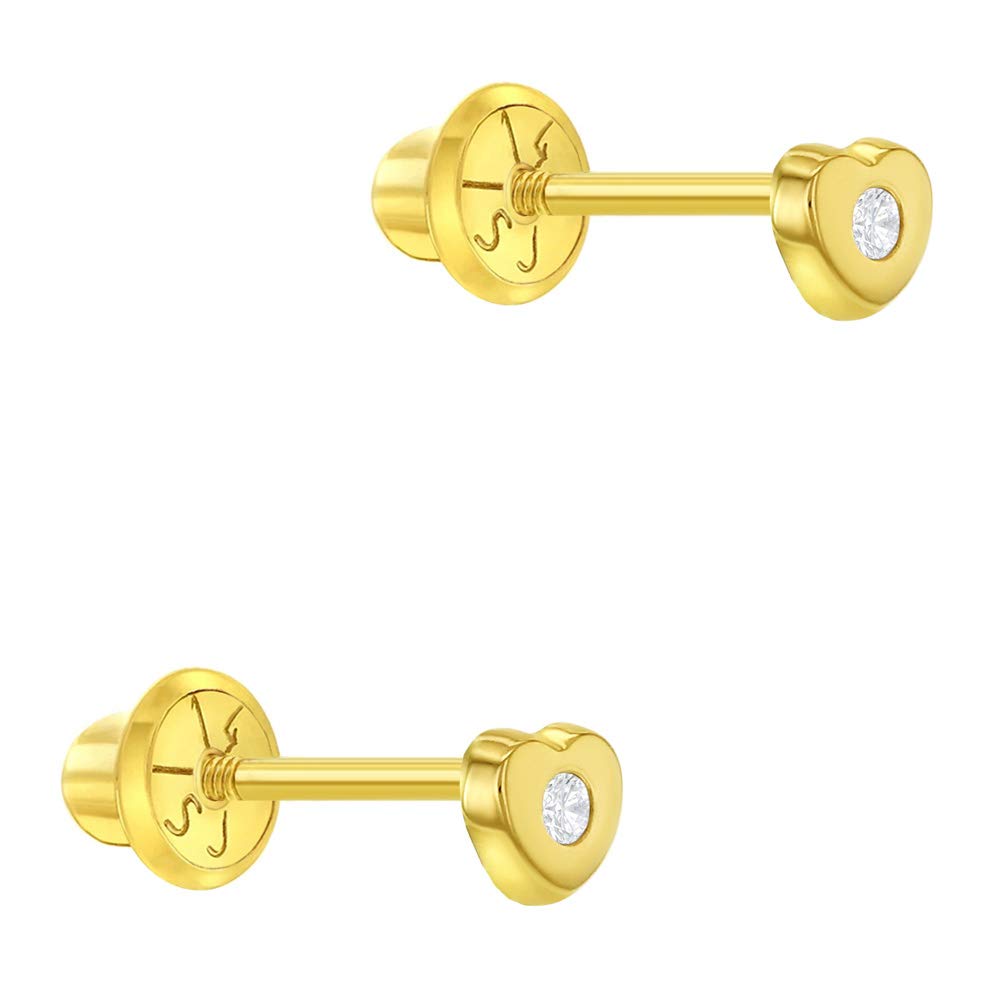 14K Yellow Gold 3mm Tiny Cubic Zirconia Heart Screw Back Earrings for Baby Girls & Toddlers - Cute Elegant Heart CZ Stud Earrings with Secure Locking Back - Perfect for Christenings, Birthdays & Special Occasions