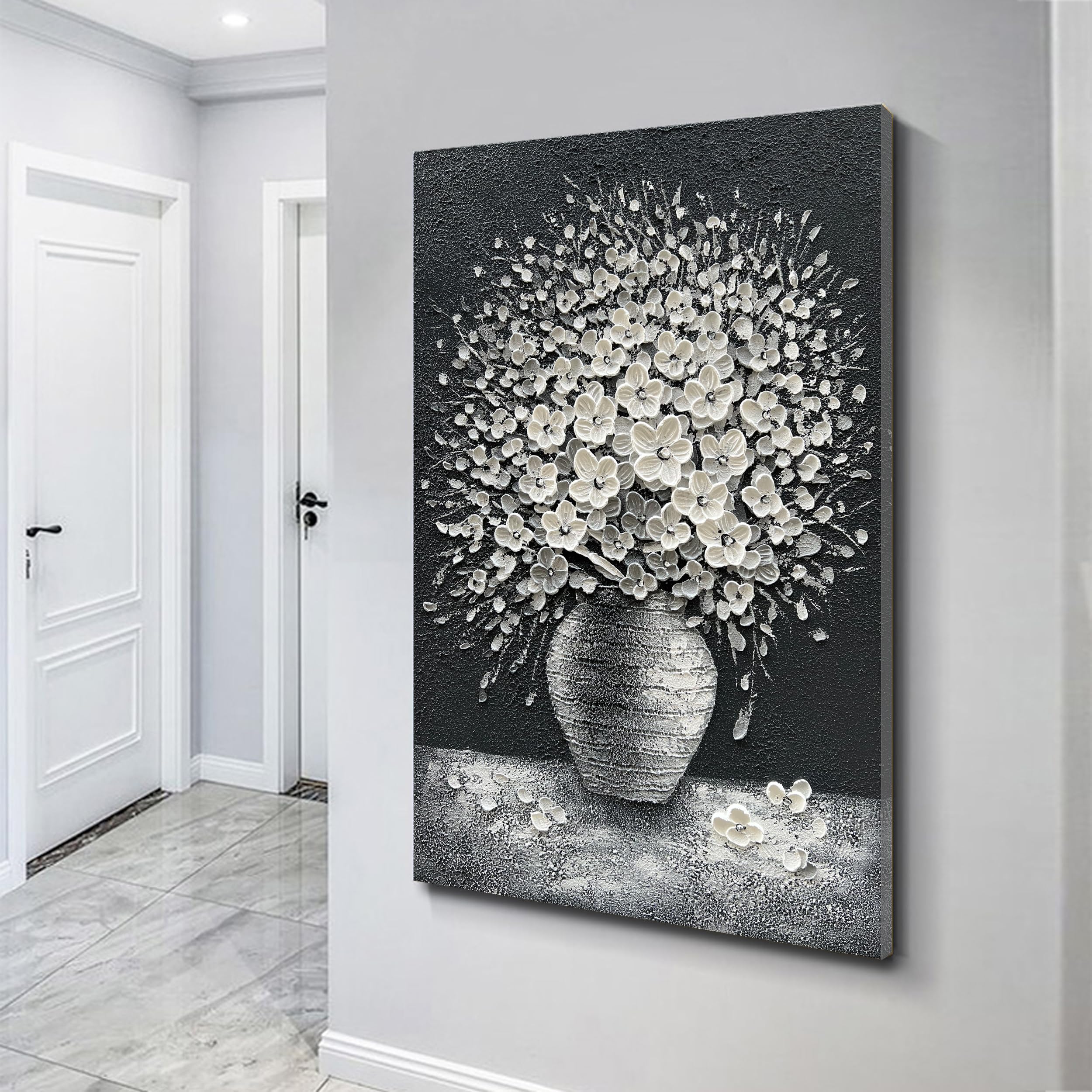 Hand-Painted Abstract White Flower Oil Painting on Canvas - 40x28 Inch Wall Art for Home & Office Decor | Modern Floral Artwork for Living Room, Bedroom, and Workspace