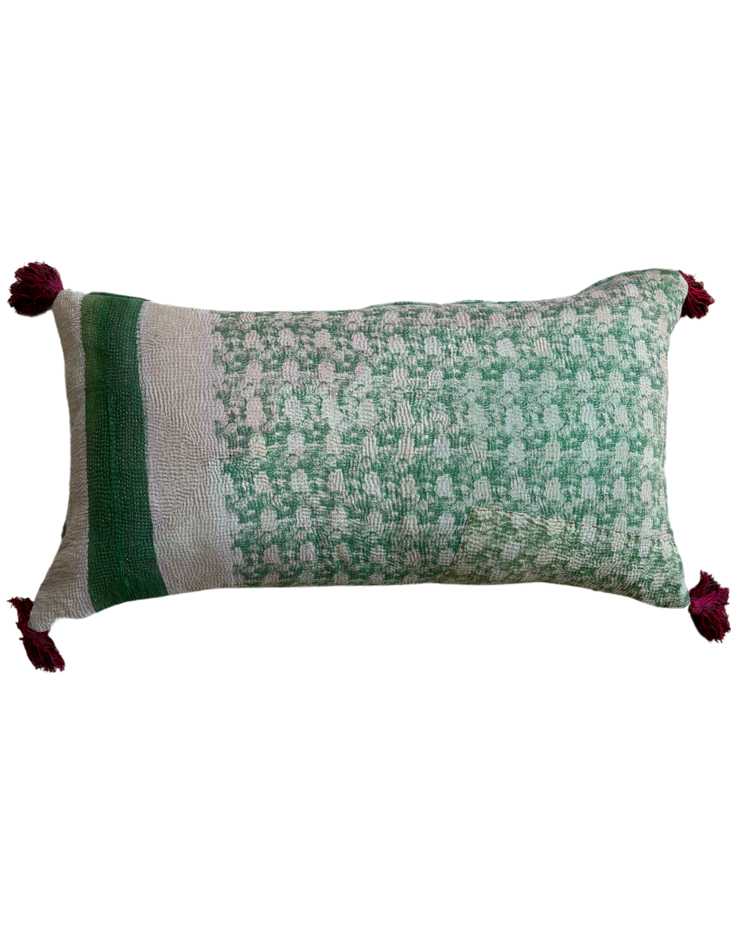 Handmade Pink & Green Kantha Cushion Cover with Decorative Tassels - Boho Chic Home Decor for Living Room, Bedroom, or Nursery