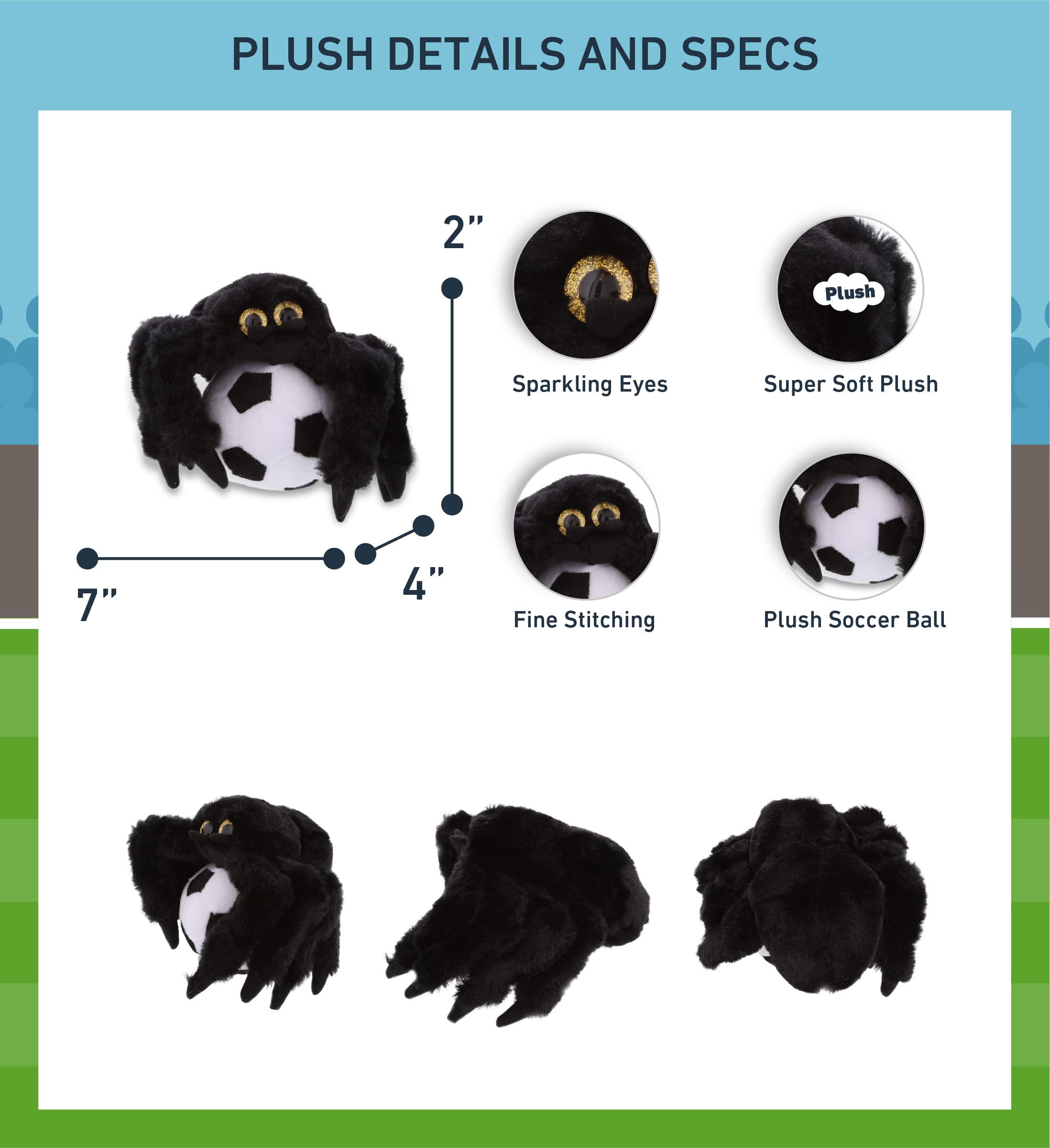 **DolliBu Black Spider Stuffed Animal with Soccer Ball Plush - Soft Huggable Spider Toy for Kids & Adults, Cute Gift Idea for Halloween, Birthday & Playtime - 7 Inch - Perfect for Decor, Gifting & Cuddling**