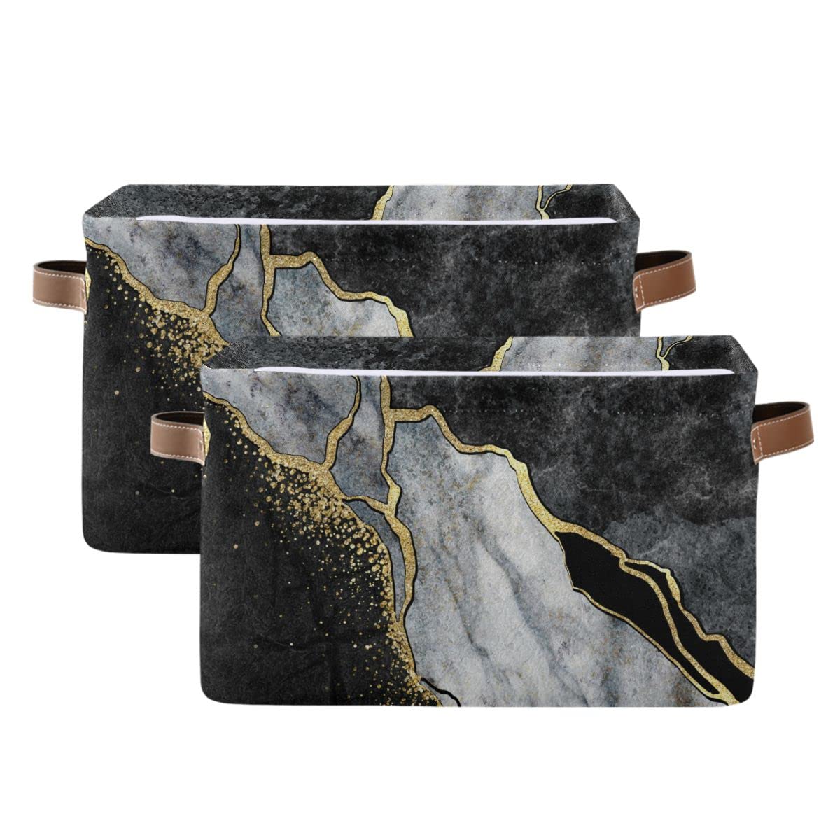 Susiyo Storage Baskets for Shelves - Black White Marble Pattern Closet Organizer Bins, Decorative Linen Fabric Cube with PU Handles (1 Pack) | Perfect for Nursery Toy Storage, Bedroom Closet Organization & Home Decor