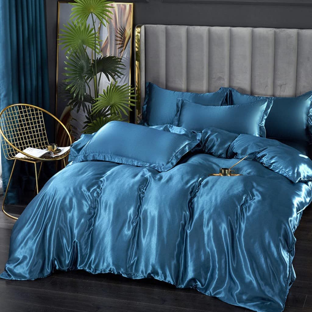 Luxury Blue Satin Bedding Set Full Size - Soft Silky Duvet Cover with Zipper Closure + 2 Pillowcases - Elegant Bedroom Decor for Women & Girls - Perfect for Master Bedrooms, Guest Rooms & Luxury Hotels