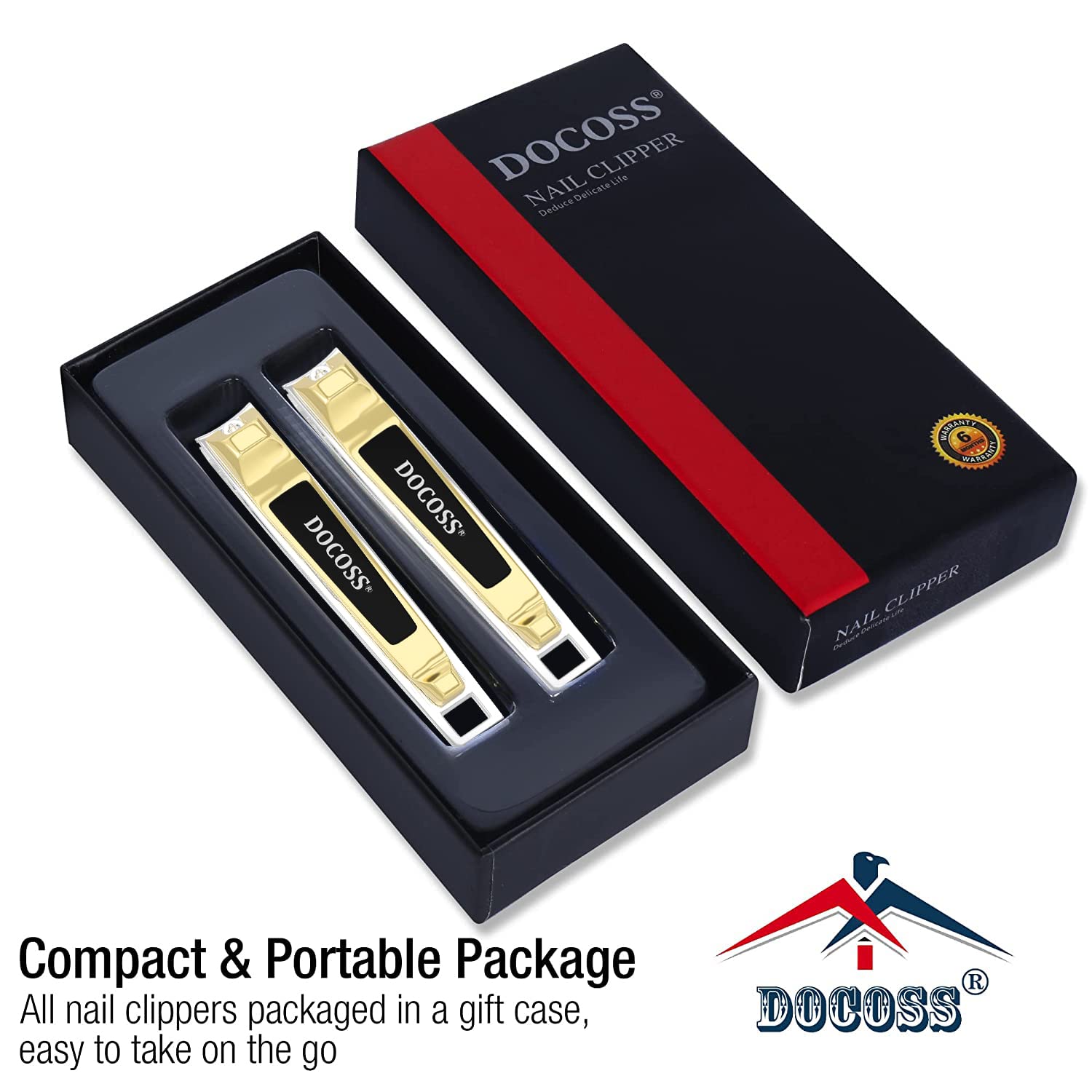 DOCOSS Professional Stainless Steel Nail Clippers Set for Men & Women - Sharp Precision Nail Trimmer with Ergonomic Handle, Pack of 2 (Gold) - Perfect for Home, Travel, Salon & Grooming Kit Essentials