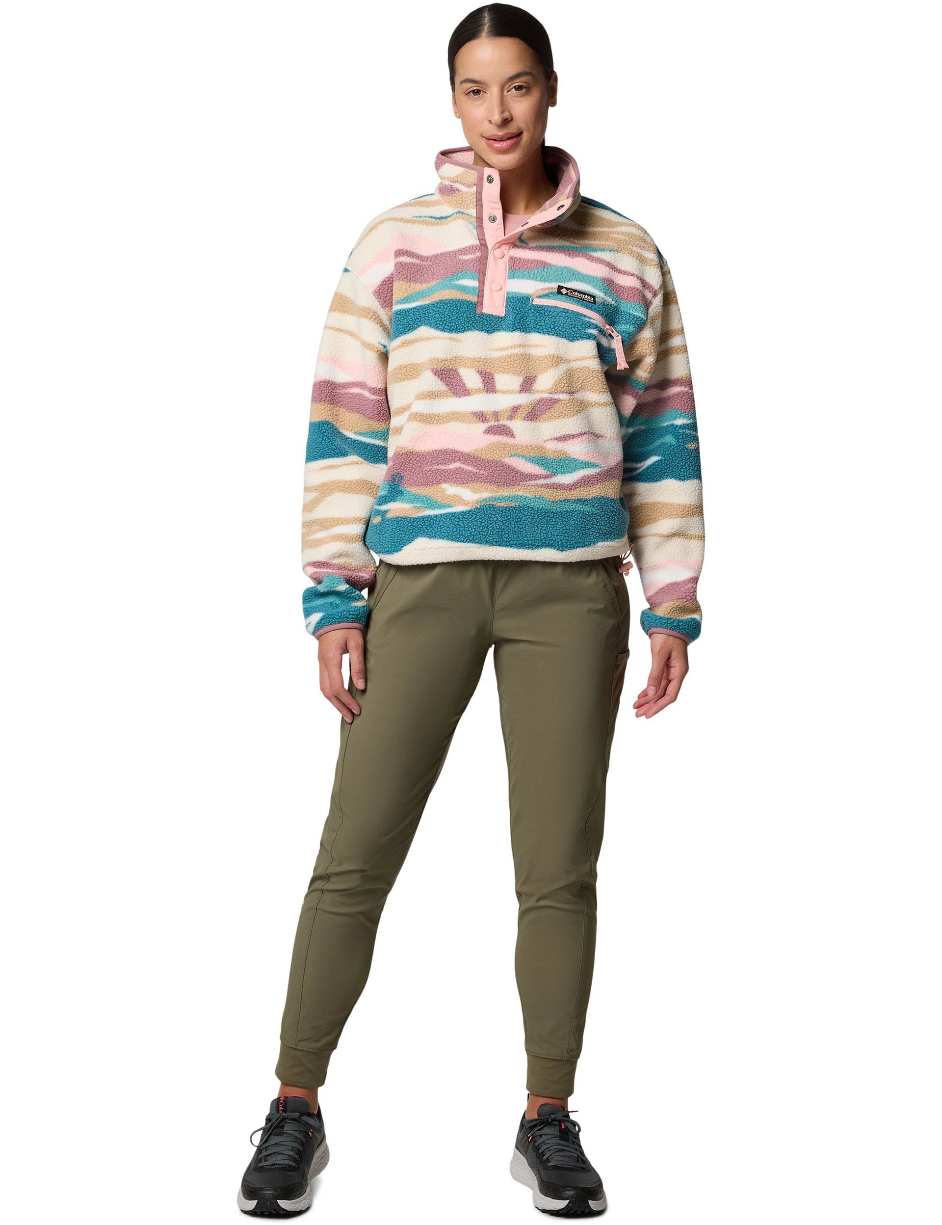 Helvetia II Cropped Sherpa Fleece Jacket - Half Snap Front, Printed Design in River Blue - Cozy Winter Outerwear for Women | Perfect for Hiking, Camping & Casual Outfits