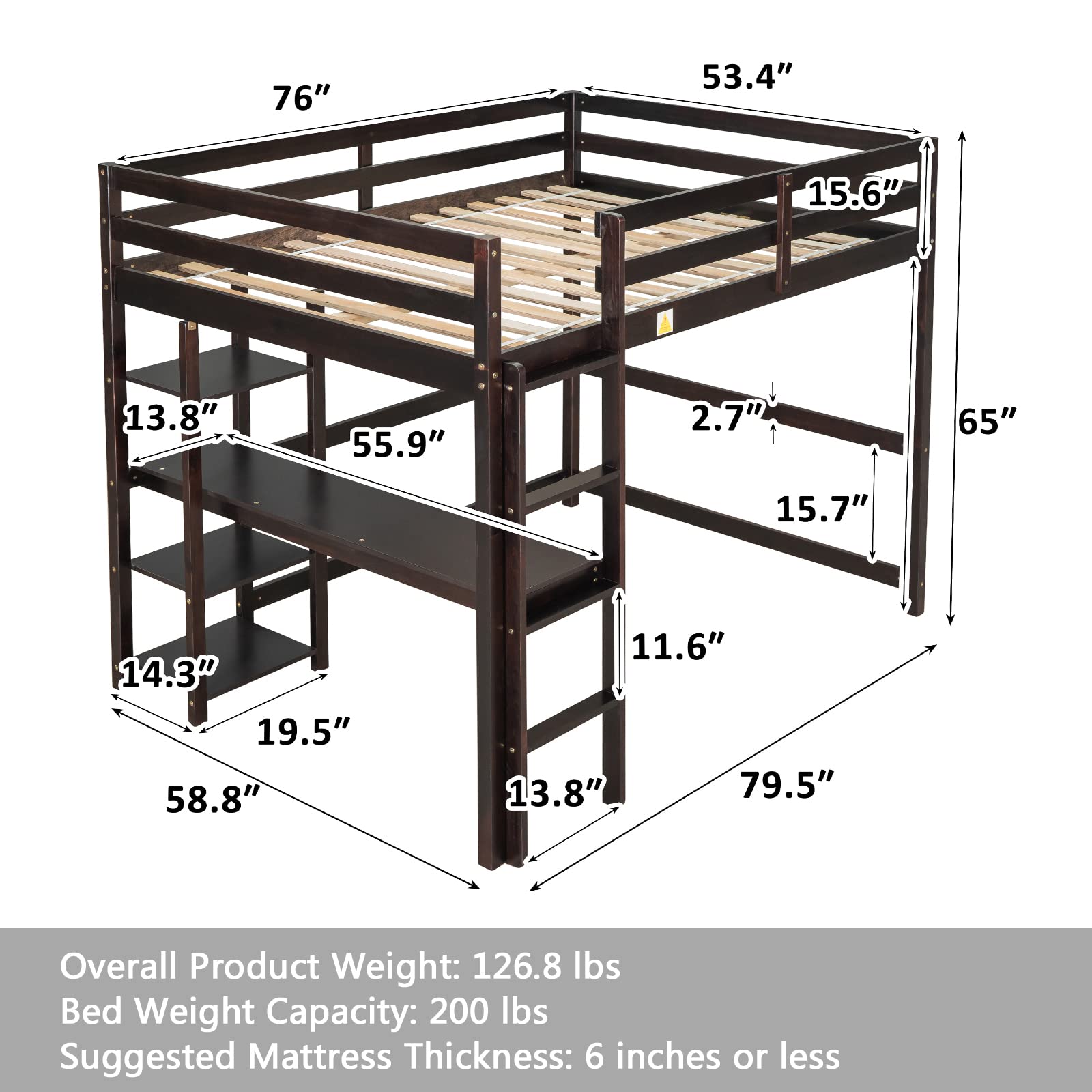 Full Size Loft Bed with Desk & Storage - Wooden High Loft Bed Frame with Shelves, Guardrail & Ladder - Study & Sleep Space Saver for Kids & Teens - No Box Spring Needed (Espresso) - Perfect for Small Bedrooms, Dorms & Studio Apartments