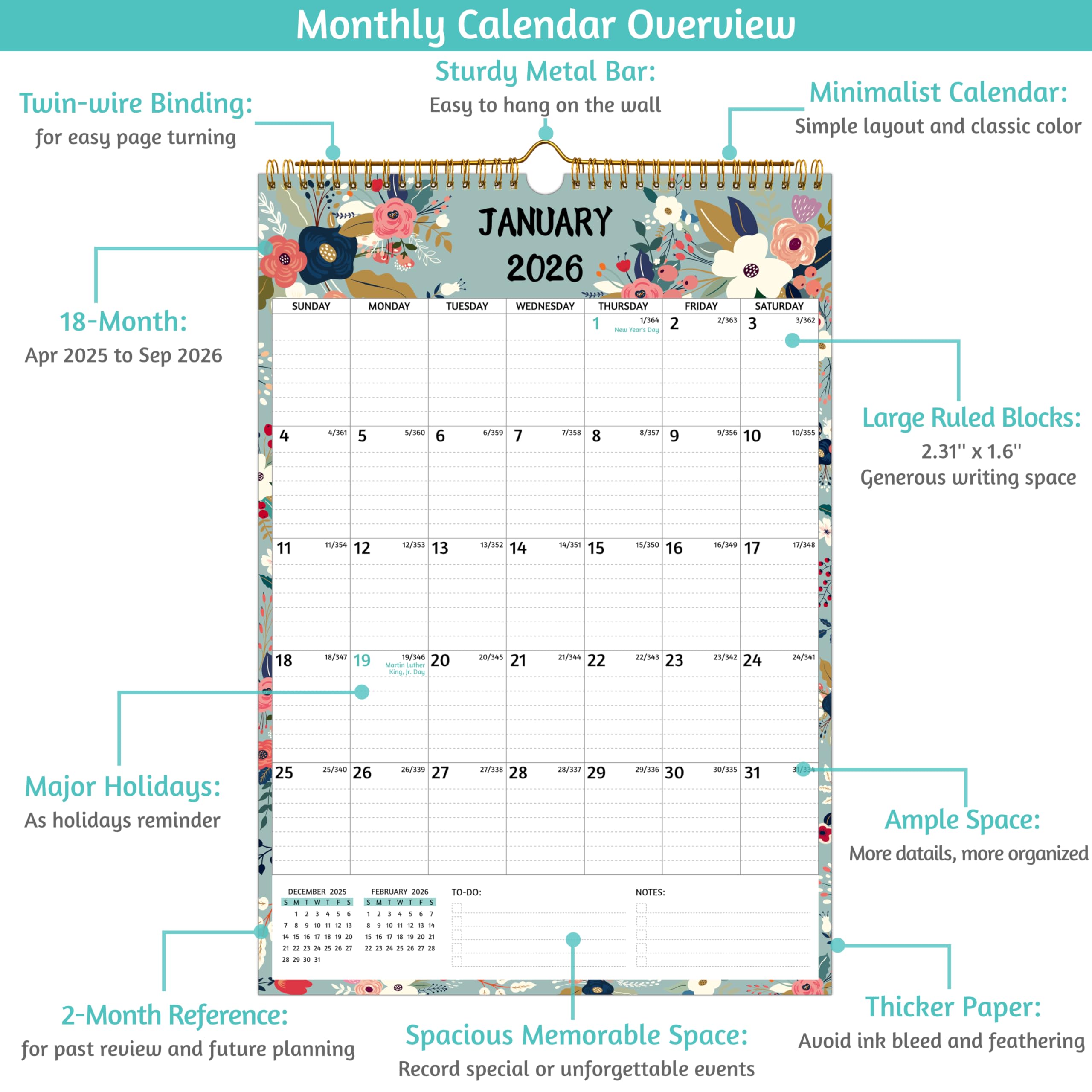 2025-2026 Wall Calendar (April 2025 - September 2026) | 18-Month Large Format 12