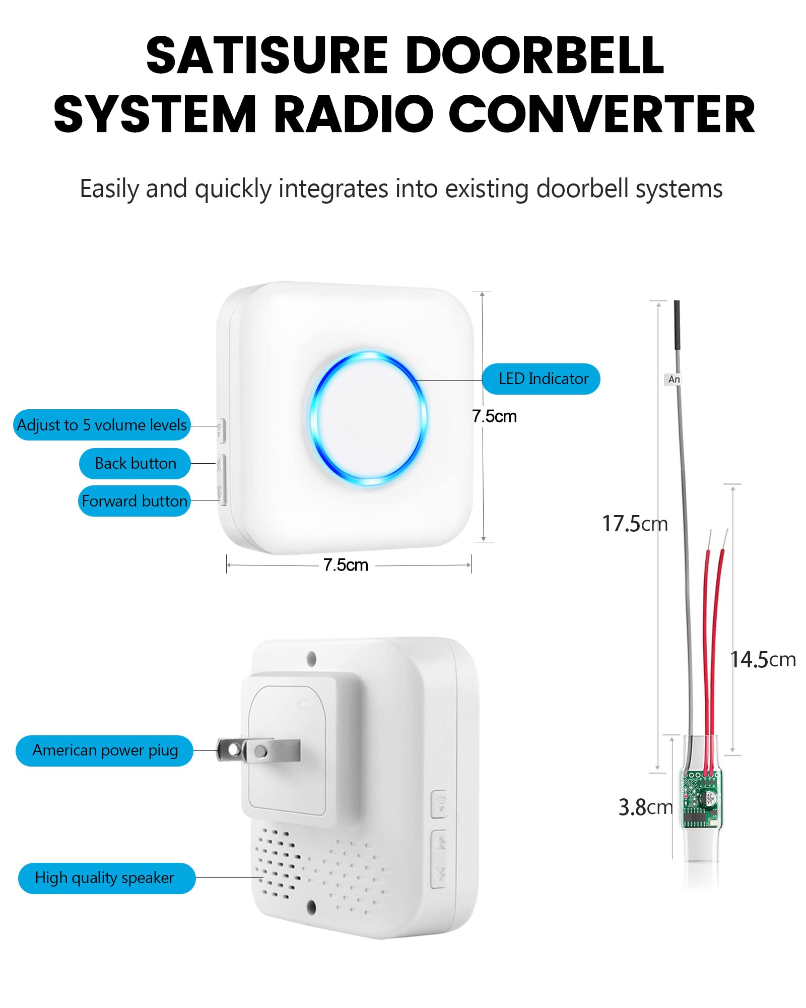 **Satisure Wireless Doorbell Extender with Receiver – 656 FT Range, 58 Chimes, 5 Volume Levels – Converts Hardwired to Wireless for Home, Garage, Basement – Perfect for Large Houses, Multi-Story Buildings & Outdoor Use**