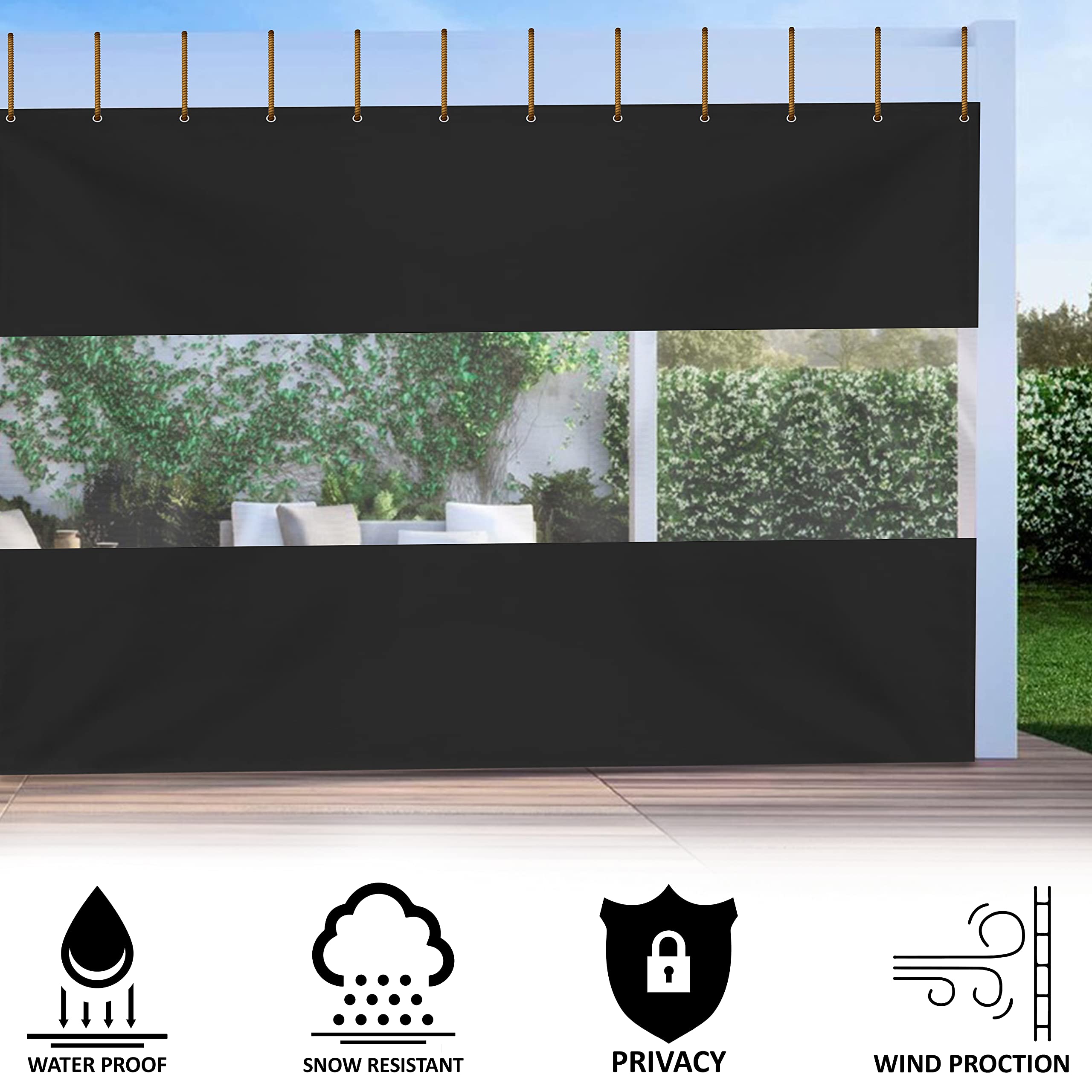 12 oz Vinyl Outdoor Clear Panel Curtains for Patio - Waterproof & Weather Resistant with Brass Grommets - Perfect for Pergola, Porch, Gazebo, Balcony (13'H x 10'W, Black) - Ideal for Sun Protection, Privacy & Outdoor Entertaining