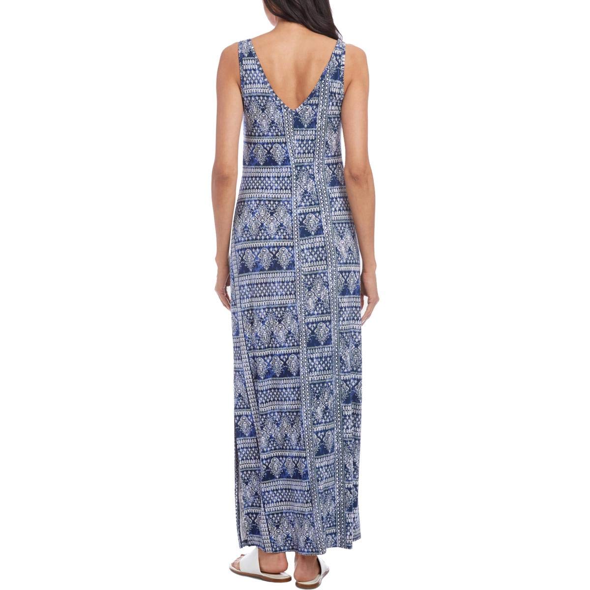 Karen Kane Women's Alana Printed Side Slit Maxi Dress - Navy Blue, Size L | Flowy Summer Beach Dress for Vacation, Party & Casual Wear