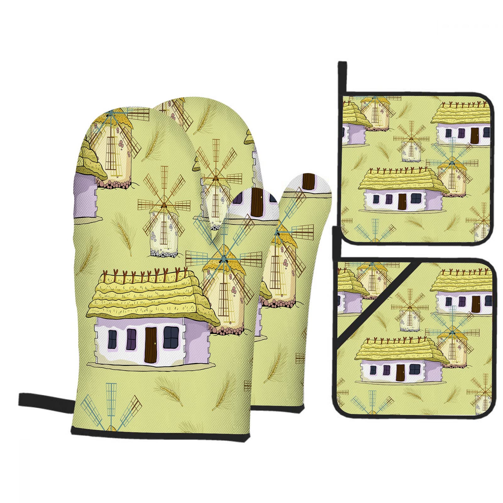Nicokee Heat Resistant Oven Mitts & Pot Holders Set - Countryside Windmill Design Microwave Gloves for Baking, BBQ, Cooking - Anti-Scalding Kitchen Accessories for Baking, Grilling & Food Preparation