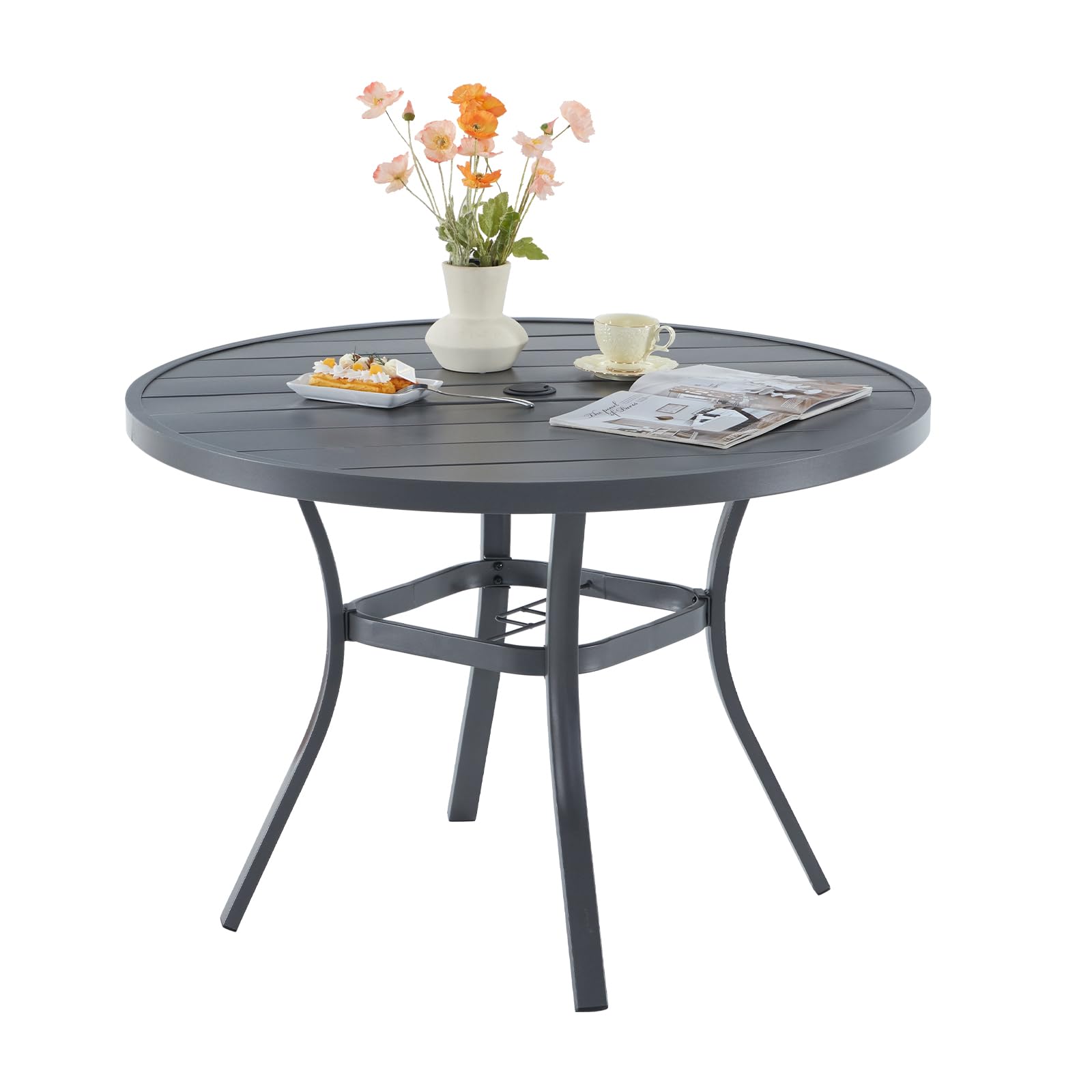 VICLLAX 41.7 Inch Round Outdoor Dining Table for 4 People - Weather-Resistant Metal Patio Table with 1.57 Inch Umbrella Hole - Perfect for Garden, Backyard, Porch, and Poolside Entertaining (Dark Grey)