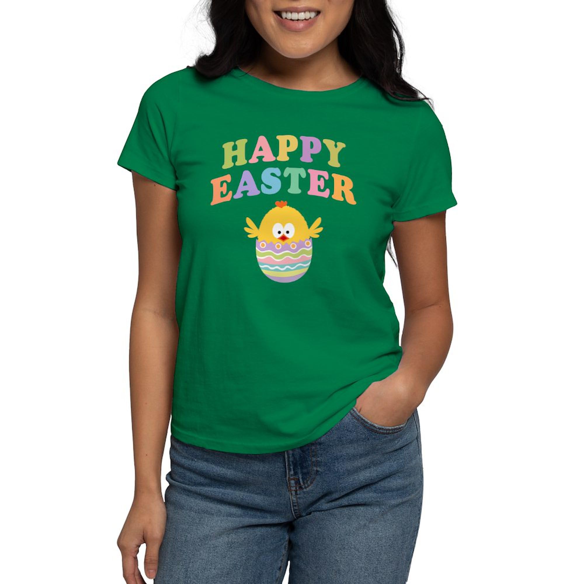 Happy Easter Chicken Women's Dark Cotton T-Shirt - Funny Easter Graphic Tee for Women - Casual Wear, Holiday Party, Spring Outfits & Easter Celebrations
