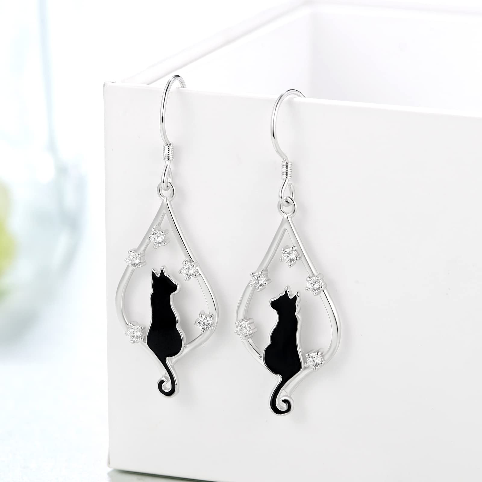 925 Sterling Silver Black Cat Dangle Earrings - Cute Cat Lover Jewelry Gift for Women | Perfect for Halloween, Birthday & Everyday Wear