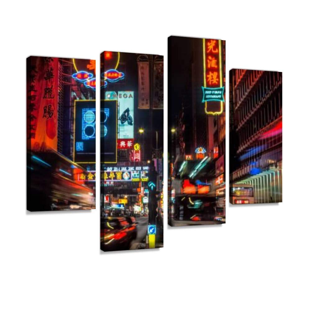 Modern Canvas Wall Art - GPS Tagged Neon Signs on Nathan Road Kowloon Hong Kong | Framed 4-Panel Painting for Living Room Decor | Ready to Hang Home Artwork for Bedroom, Office & Dorm