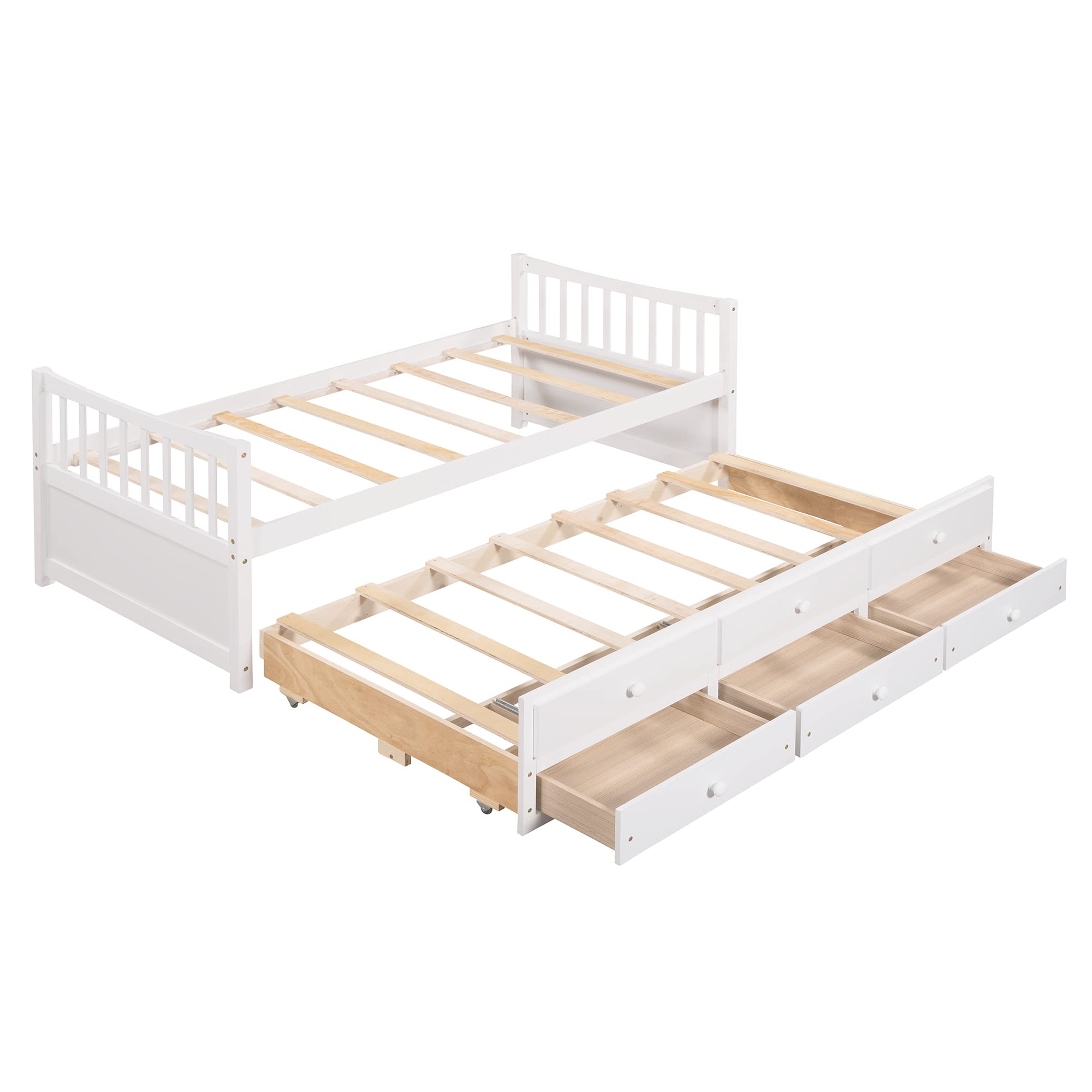 Twin Captains Bed with Trundle and Storage Drawers - Wood Platform Bed Frame with Headboard & Footboard - Perfect for Kids, Teens & Adults - Ideal for Guest Rooms, Dormitories & Small Spaces (White)
