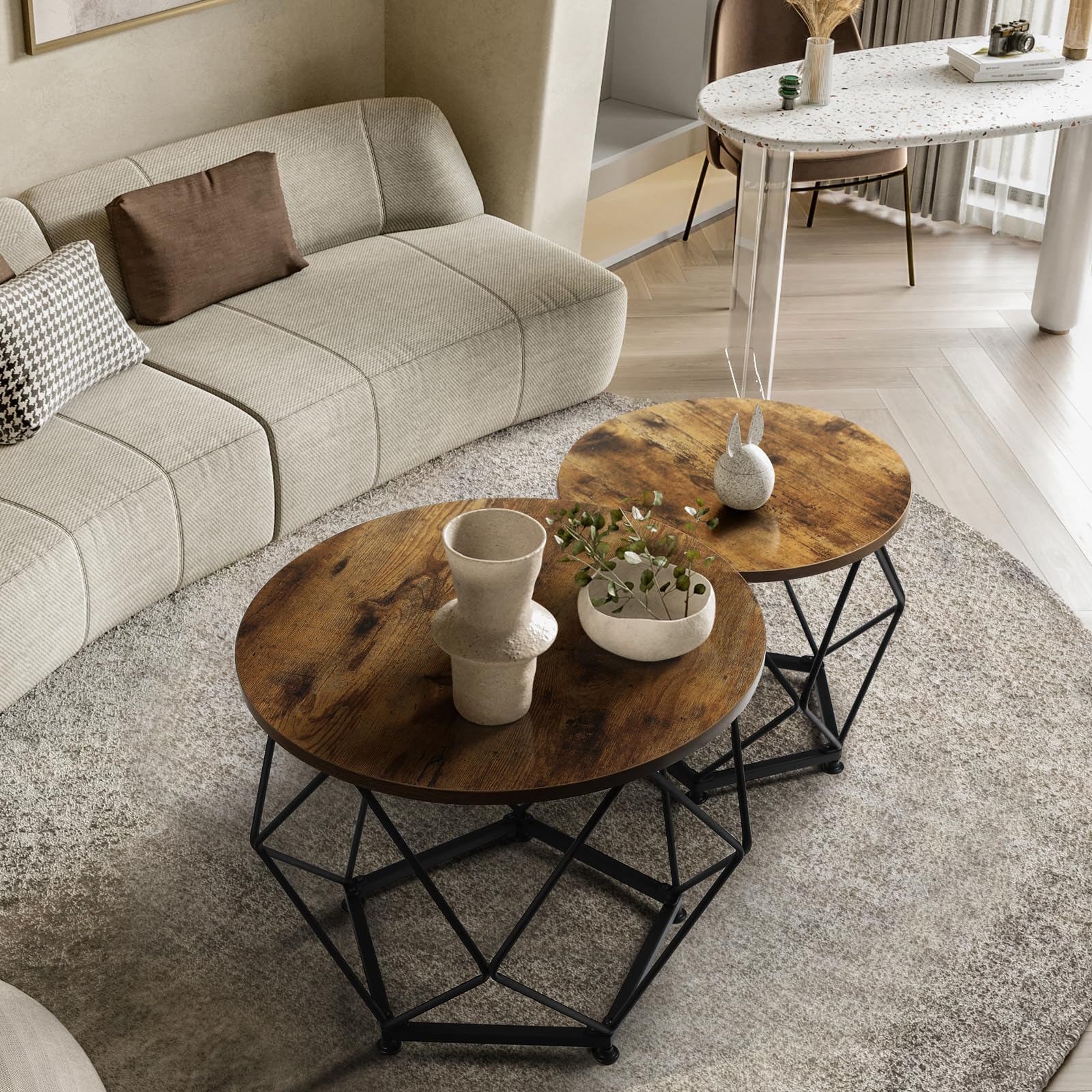 Modern Round Coffee Table Set of 2 - Wooden Top with Metal Frame Side Tables for Living Room, Bedroom, Home Office - Rustic Brown & Black End Tables | Perfect for Small Spaces, Farmhouse Decor & Coffee Nook Setup