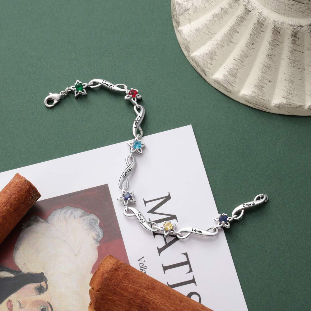 Personalized Infinity Mothers Bracelet with 6 Simulated Birthstones & Engraved Names - Family Jewelry Gift for Women, Mom, Wife - Perfect for Mother's Day, Birthday & Anniversary Celebrations