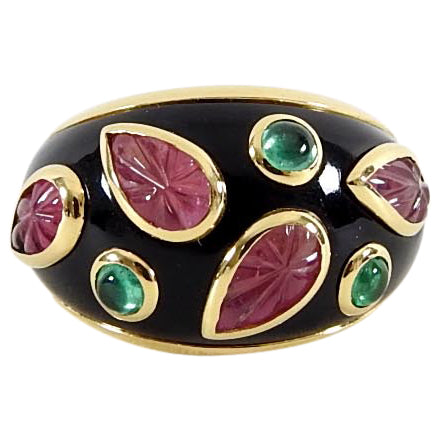 Vintage Cartier 18k Gold Tourmaline Emerald Enamel Ring 1991 - Size 4.75 - Luxury Jewelry for Weddings, Anniversaries & Special Occasions