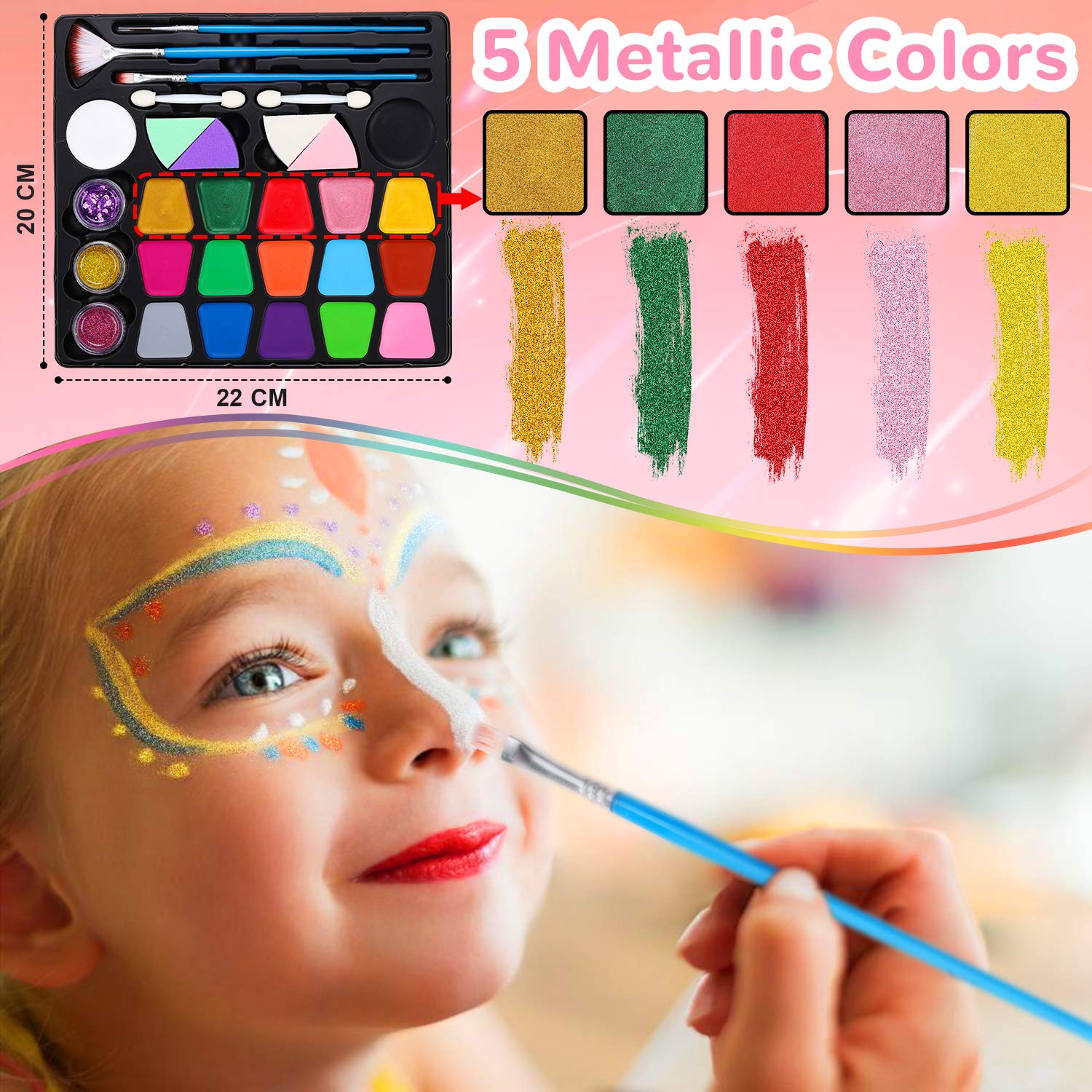 Lenbest Kids Face Paint Kit - 17 Halloween Face Paint Colors with 256 Glitter Diamonds | Non-Toxic, Safe for Children & Professional Use | Perfect for Halloween, Birthday Parties & Costume Events