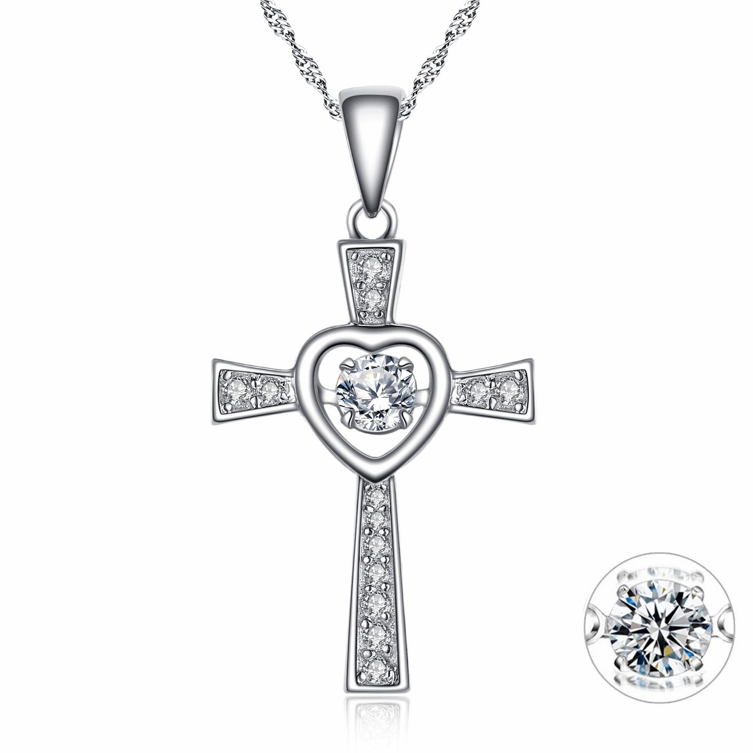 MABELLA Sterling Silver 0.25ct Round Cubic Zirconia Cross Pendant Necklace 18