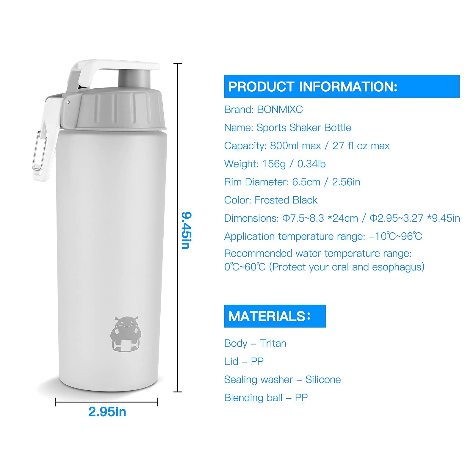 BONMIXC 800ml Tritan Protein Shaker Bottle - 28oz Leak-Proof Sports Water Bottle with Blender Ball for Gym, Workout & Post-Exercise Recovery