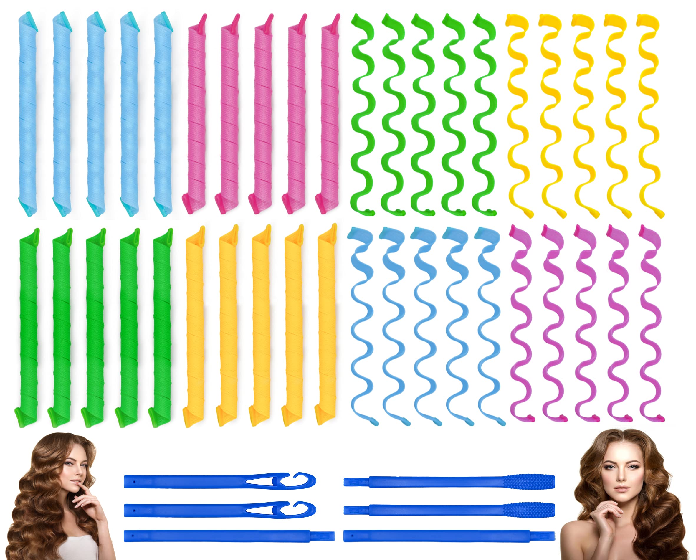 40PCS Heatless Hair Curlers Set - No Heat Damage Spiral & Wave Rollers (22 Inches) with 6 Styling Hooks for Women & Kids - Perfect for Medium to Long Hair Styling at Home, Parties or Special Occasions