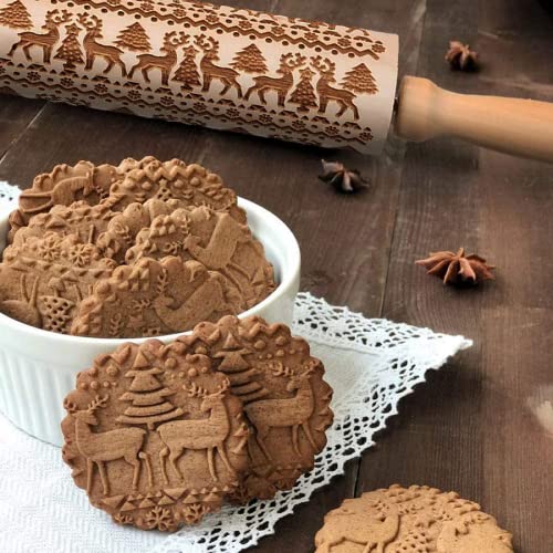 3D Engraved Wooden Rolling Pin for Baking - Embossed Cookie, Cake, Pastry & Pie Dough with Unique Patterns - Perfect Christmas & New Year Gift for Home Bakers & DIY Enthusiasts - Ideal for Holiday Baking, Wedding Favors & Creative Kitchen Decor